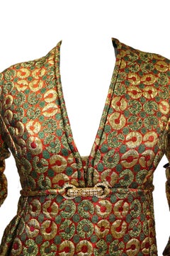 1970s Malcolm Starr Gold Green Metallic Maxi Dress