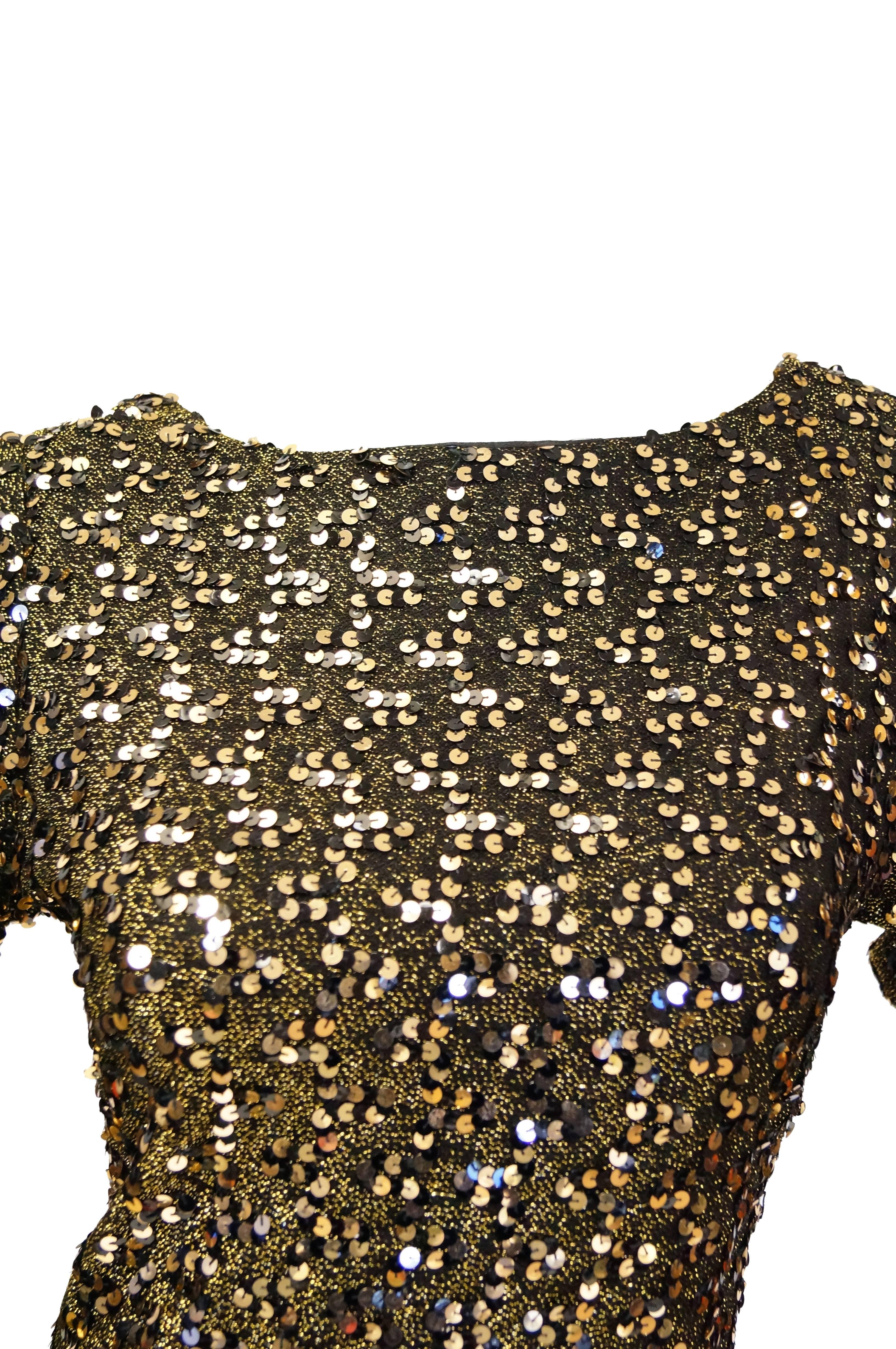 Women's 1970s Jill Richards Plunge Back Fully Sequined Black and Gold Evening Dress For Sale