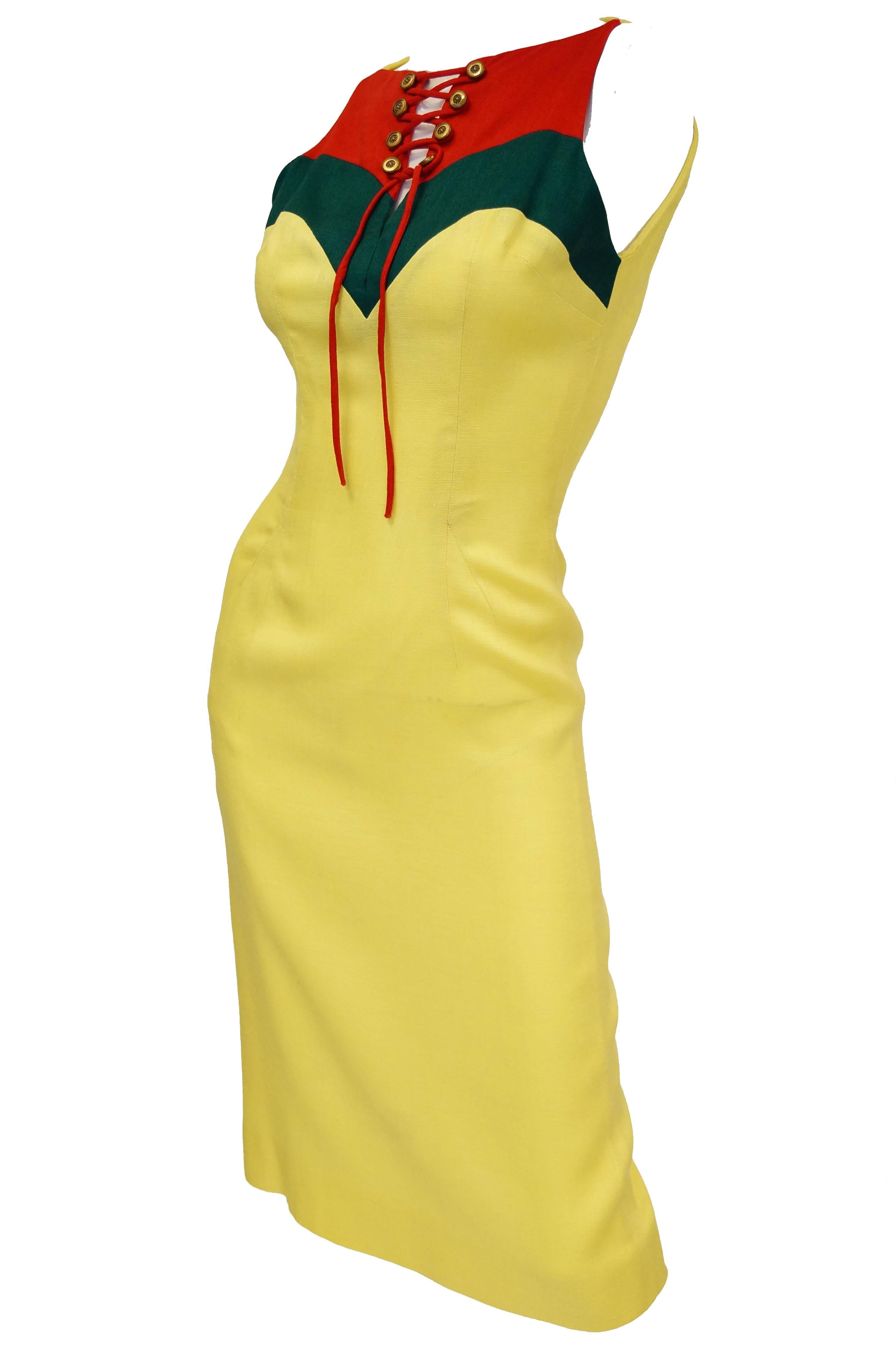 Yellow Oleg Cassini Lace Up Color Blocked Sheath Dress, 1970s  For Sale