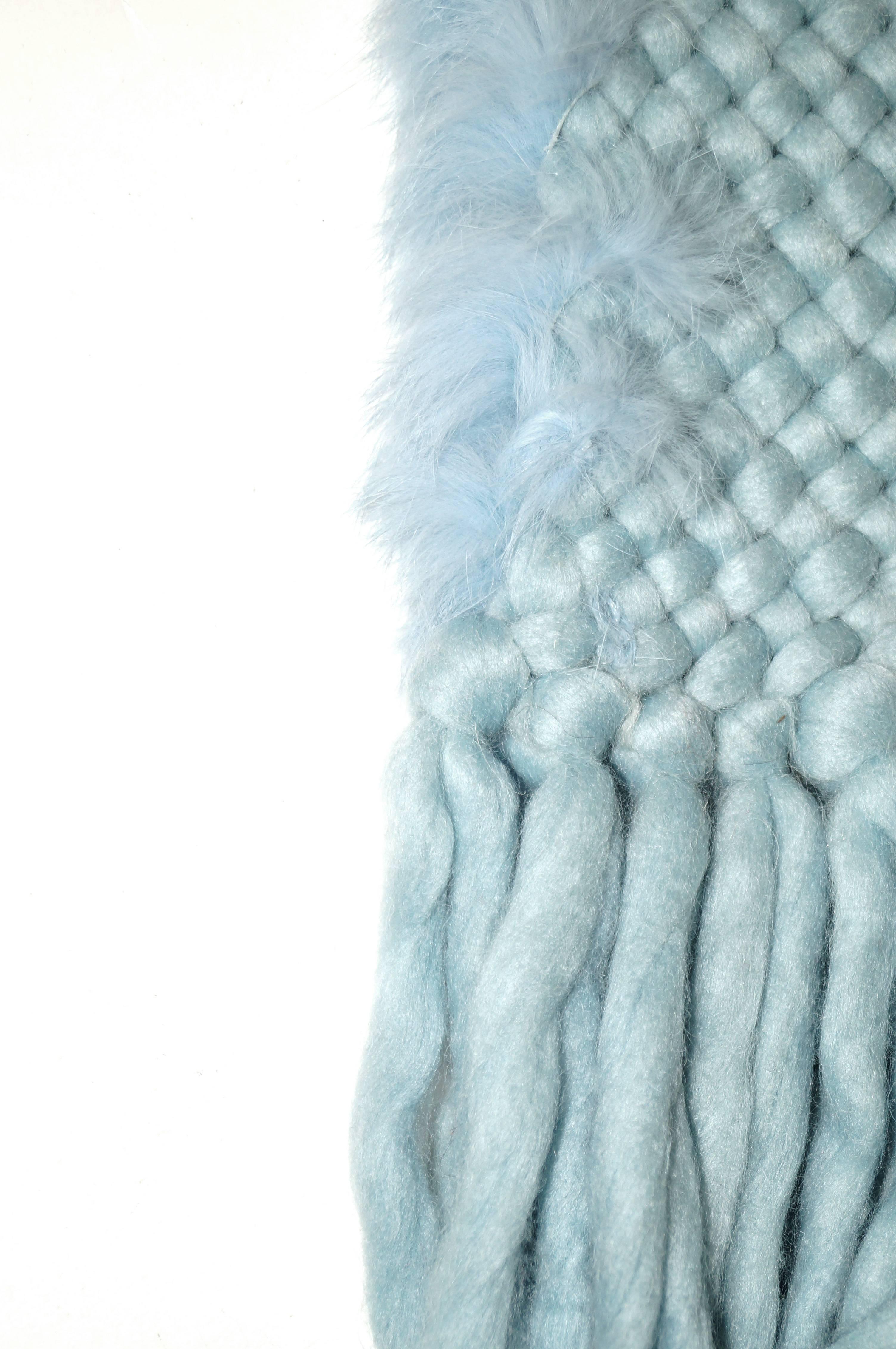 Women's  1990s Sky Blue Angora Wool and Fur Trim Scarf 