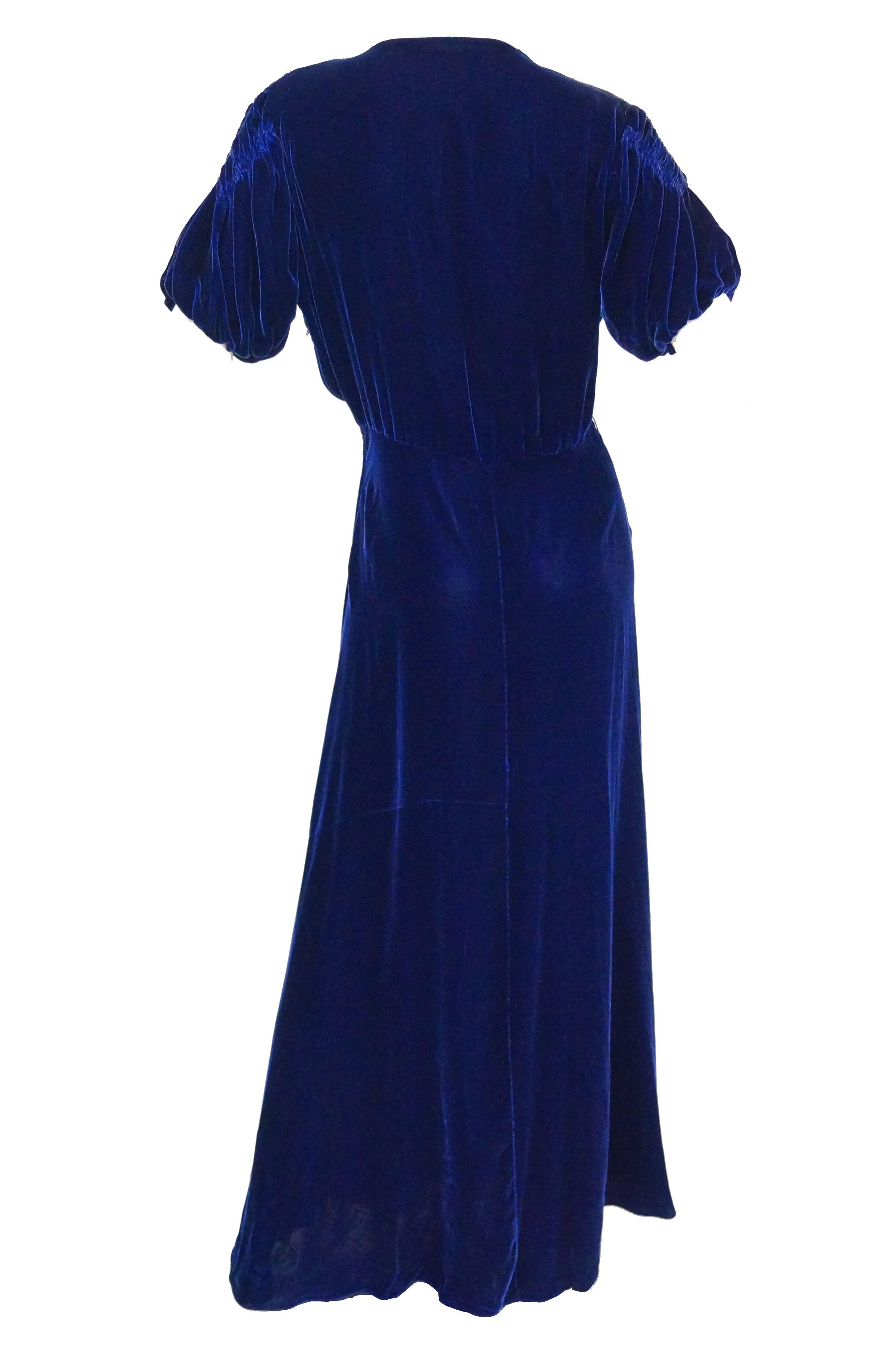 1930s Bias Cut Deep Cobalt Velvet Abendkleid Damen