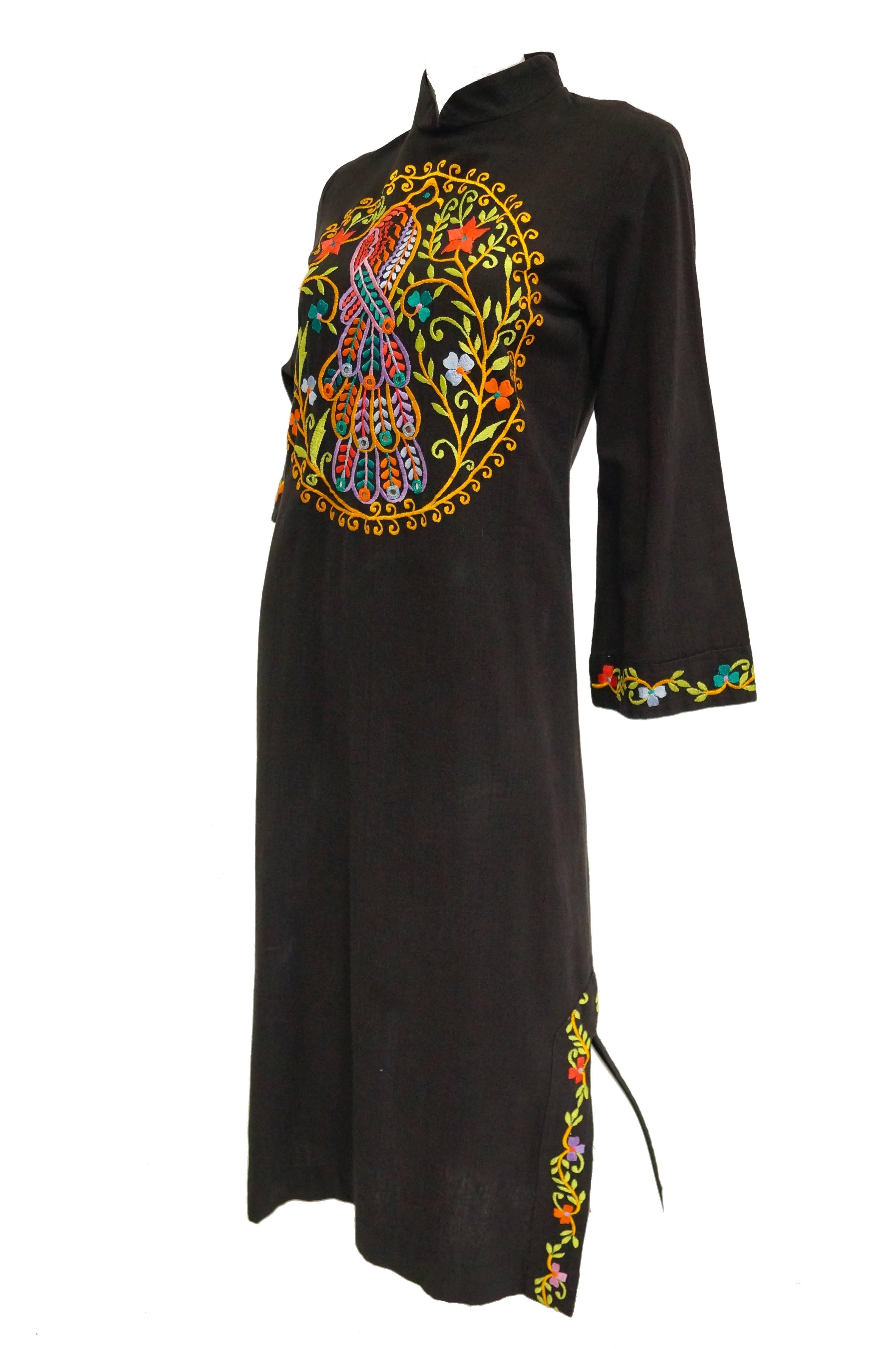 Black 1960s Ramona Rull Peacock Embroidered Caftan