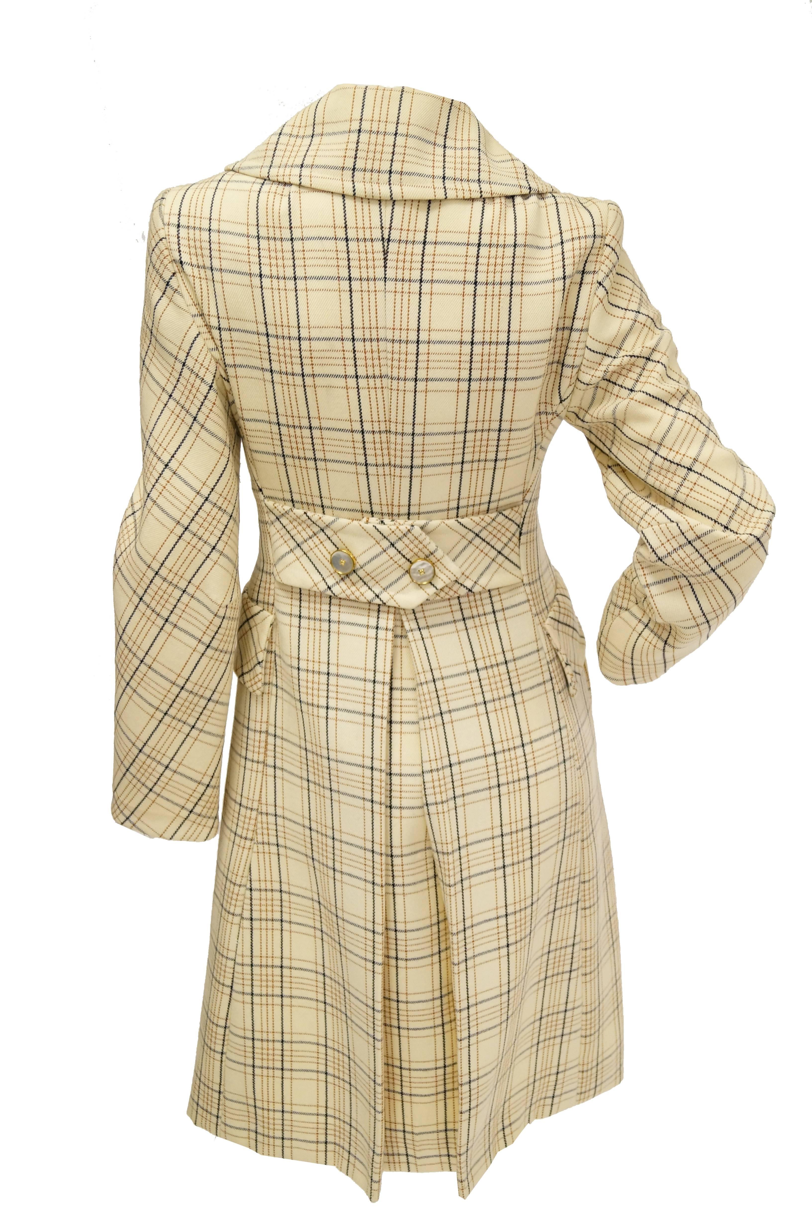  1960s Bill Blass Cream Wool Plaid Coat with Mother of Pearl Buttons 1