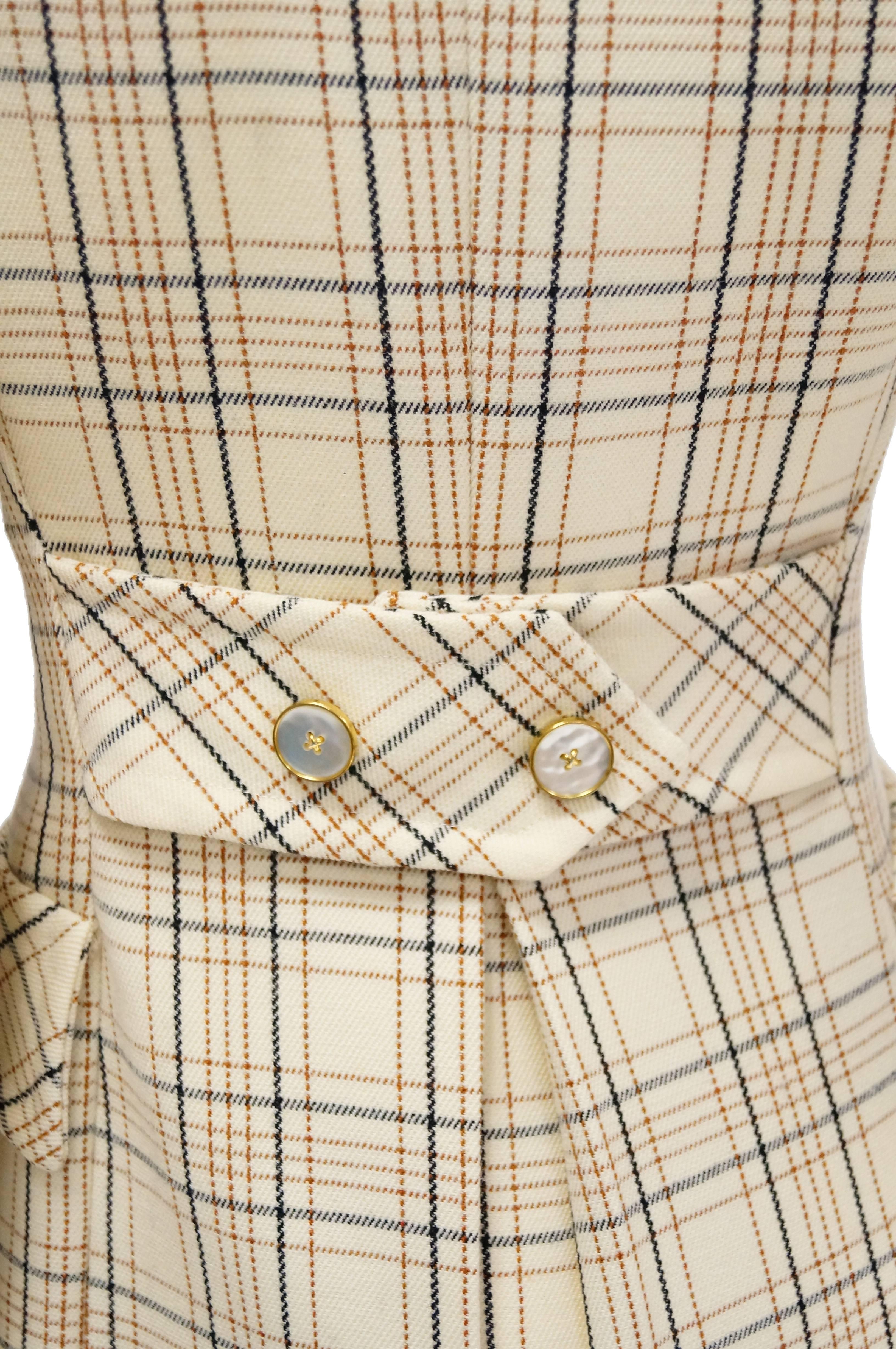  1960s Bill Blass Cream Wool Plaid Coat with Mother of Pearl Buttons 2