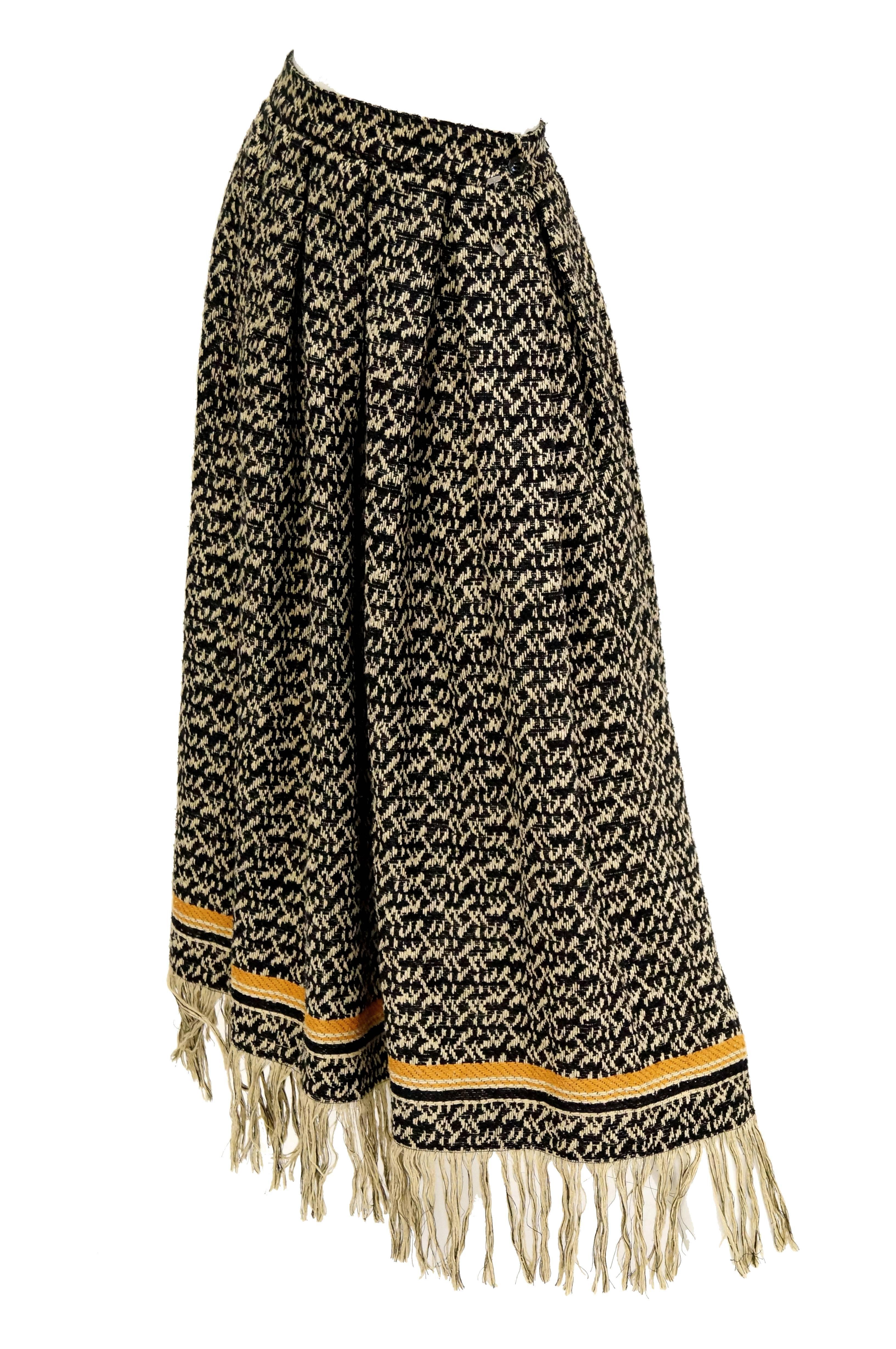 Early 1970s Anne Klein Black and Beige Wool Fringe Skirt and Shawl  14 1