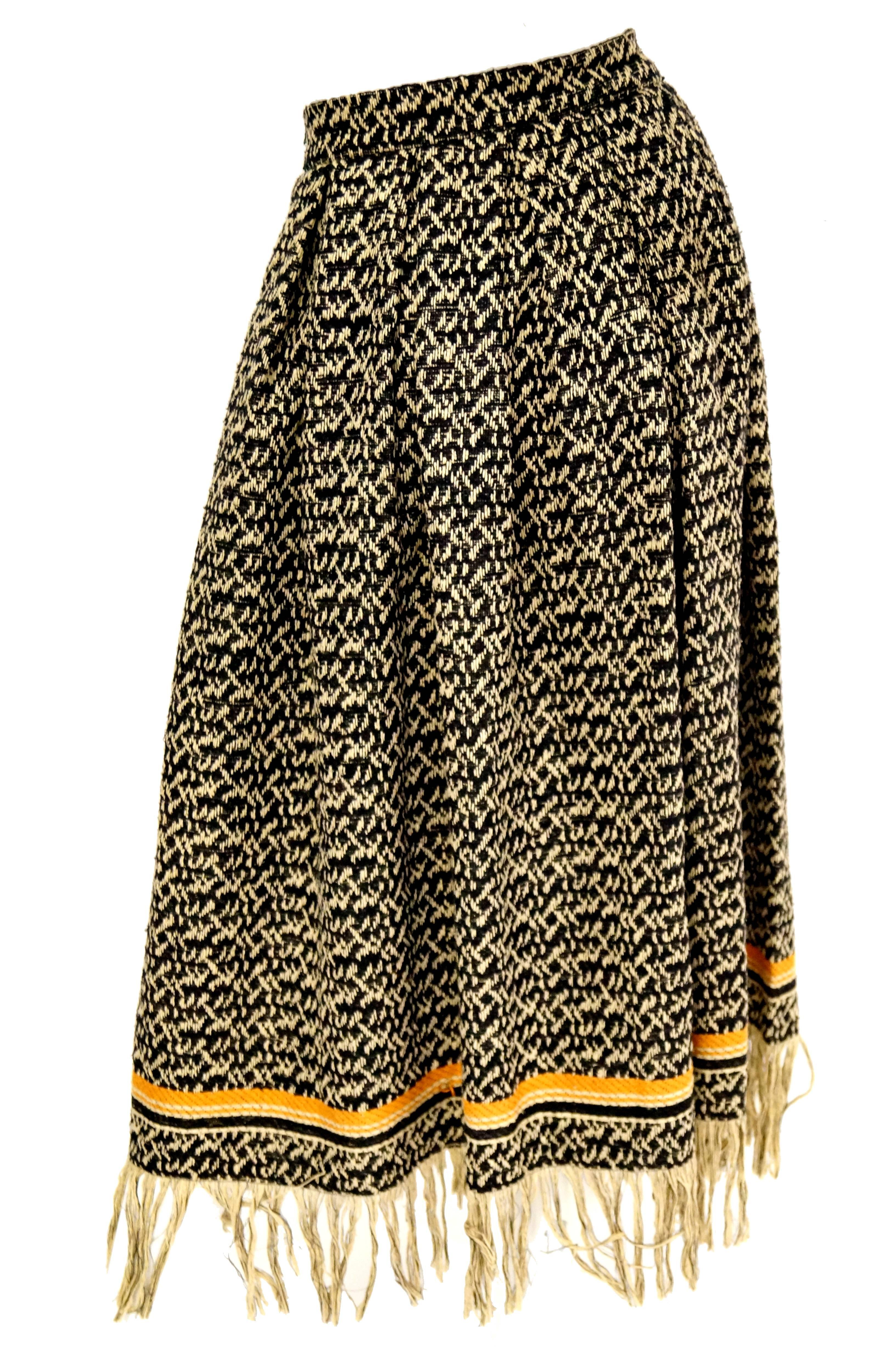 Women's Early 1970s Anne Klein Black and Beige Wool Fringe Skirt and Shawl  14
