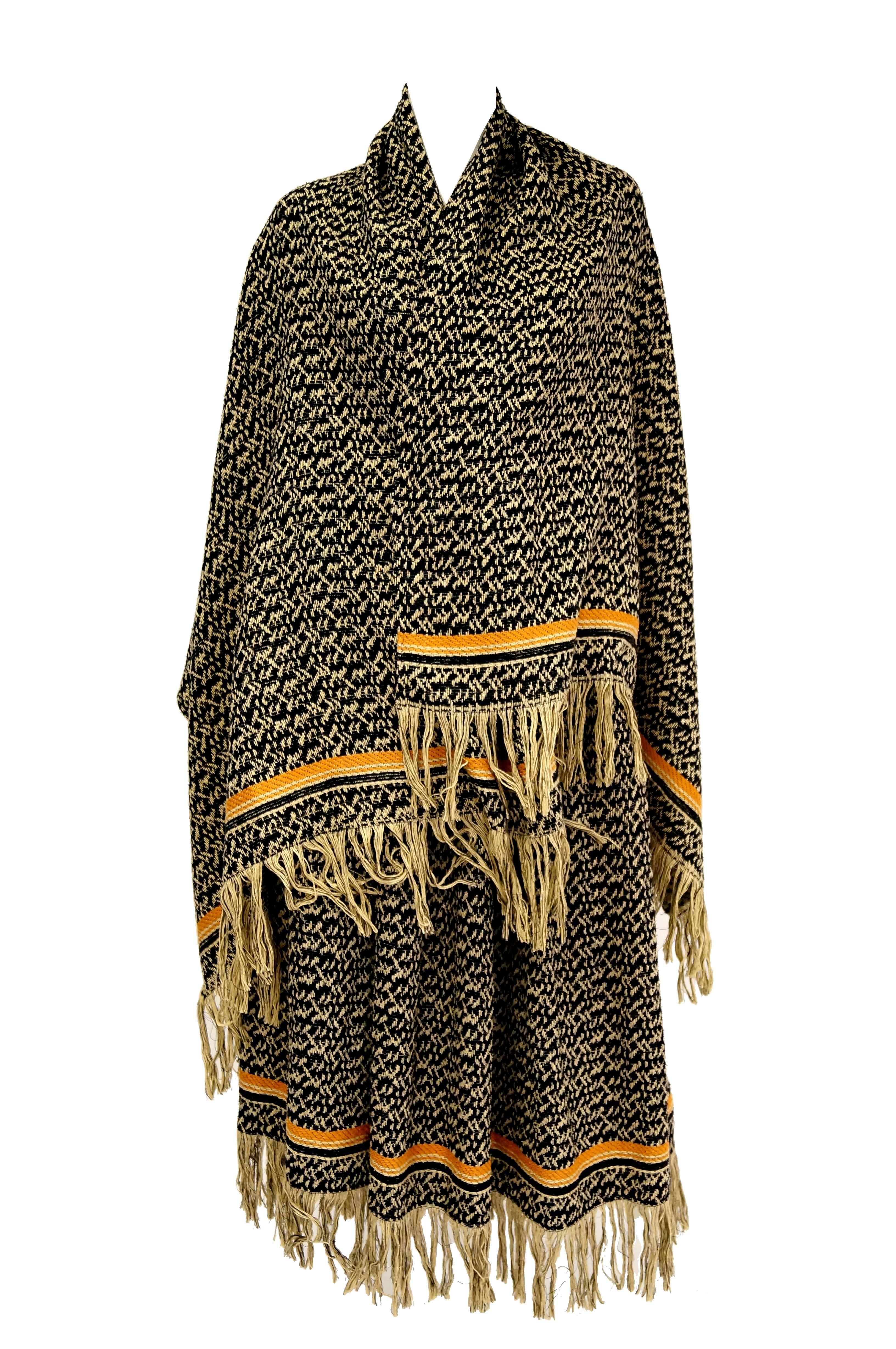 Early 1970s Anne Klein Black and Beige Wool Fringe Skirt and Shawl  14 In Excellent Condition In Houston, TX