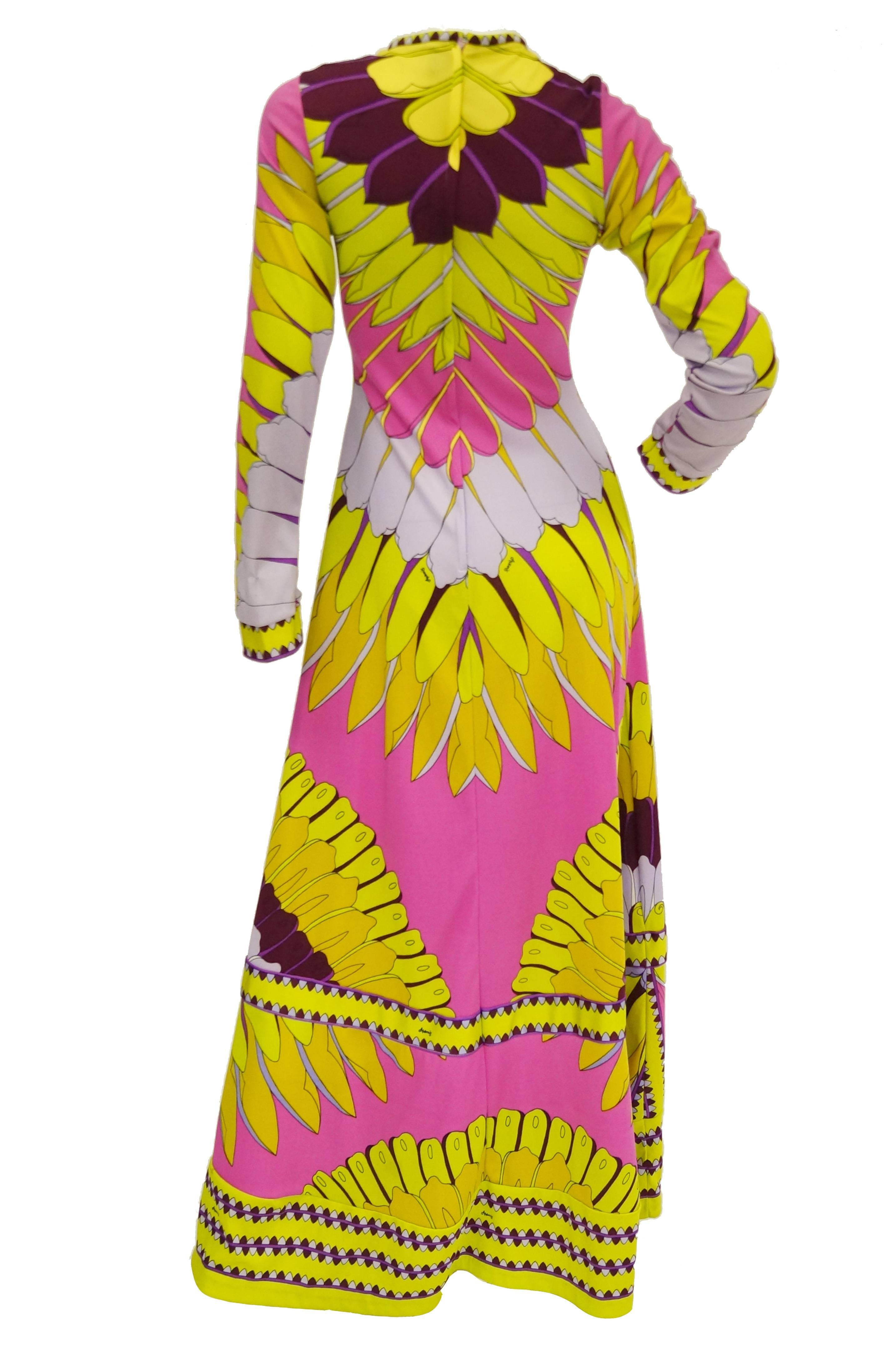 1970s Artemis Neon Pink and Gold Petal Maxi Dress In Excellent Condition In Houston, TX