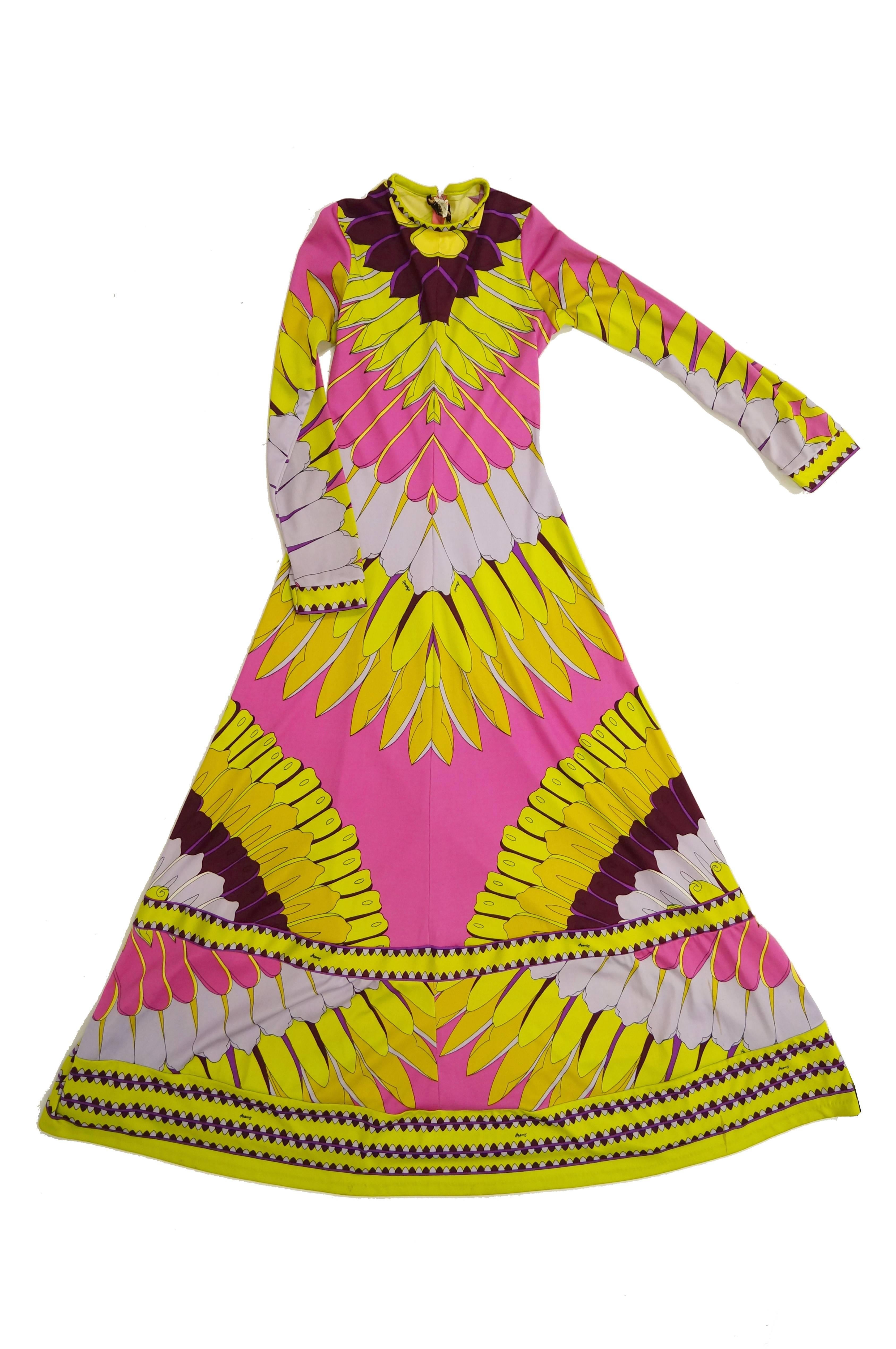 1970s Artemis Neon Pink and Gold Petal Maxi Dress 2