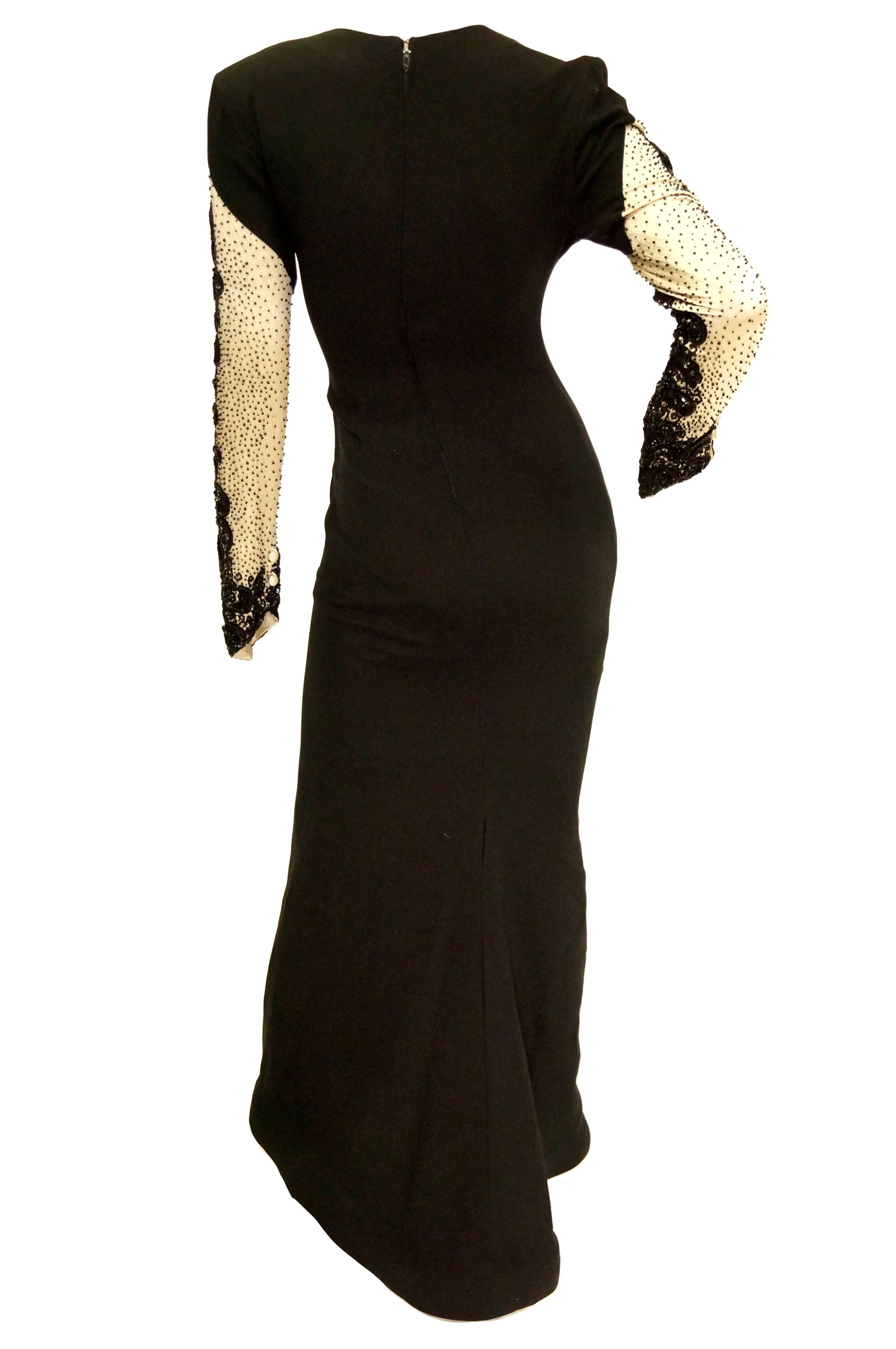 1980s Bill Blass Couture Black and White Beaded Evening Dress For Sale 2