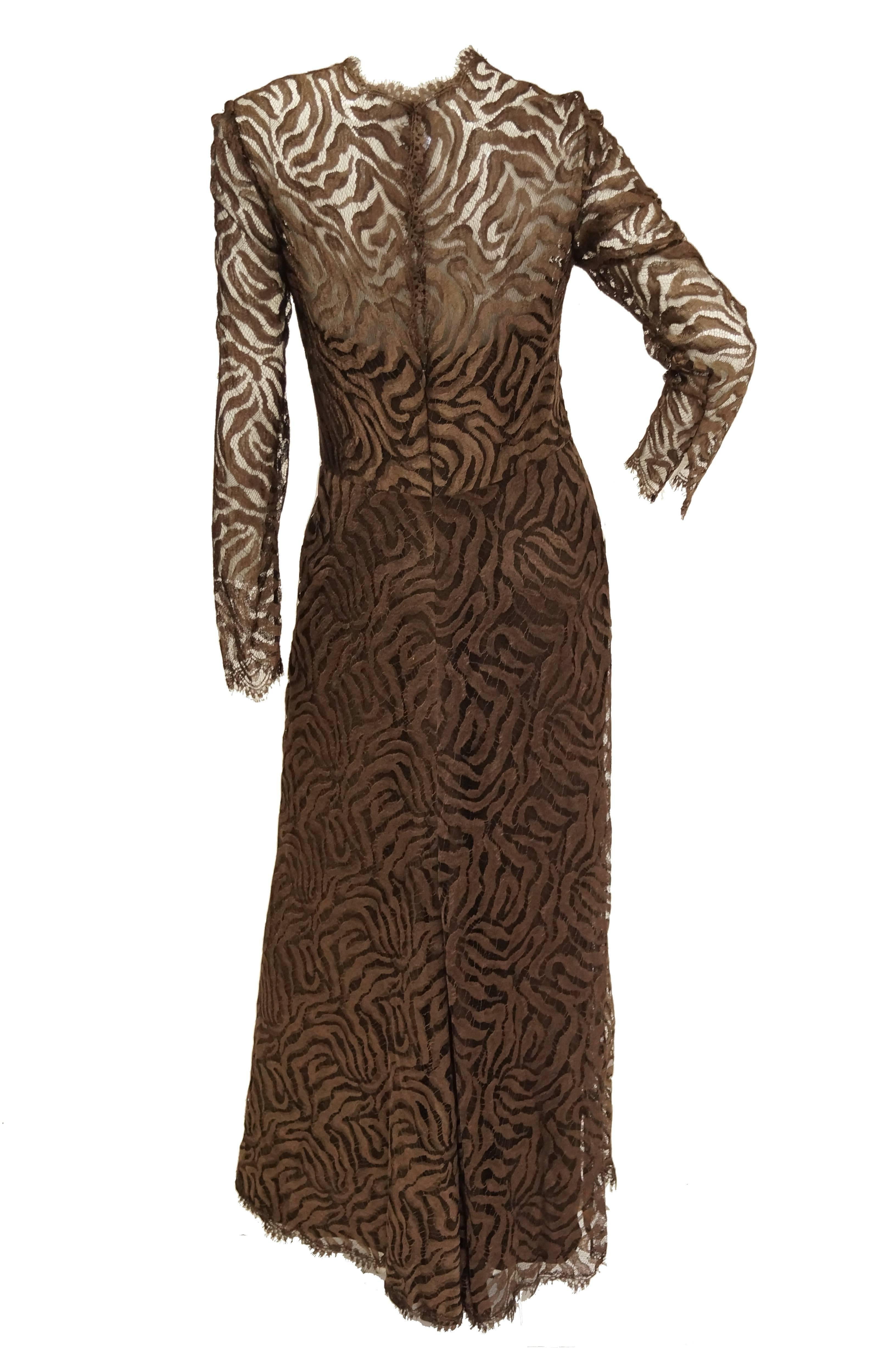 Black 1980s Stanley Platos Martin Ross Floor Length Umber Lace Evening Dress For Sale