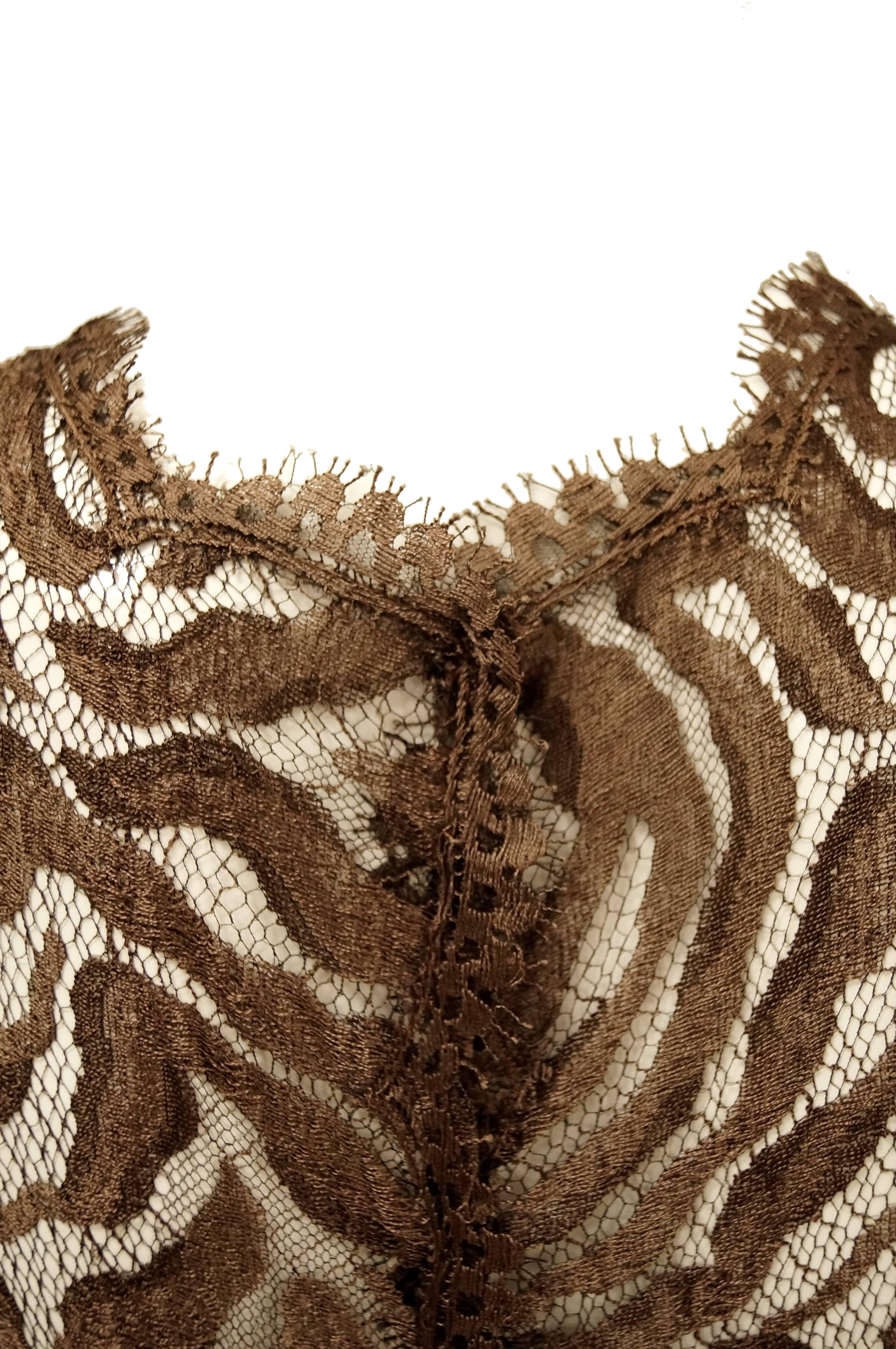 1980s Stanley Platos Martin Ross Floor Length Umber Lace Evening Dress In Excellent Condition For Sale In Houston, TX