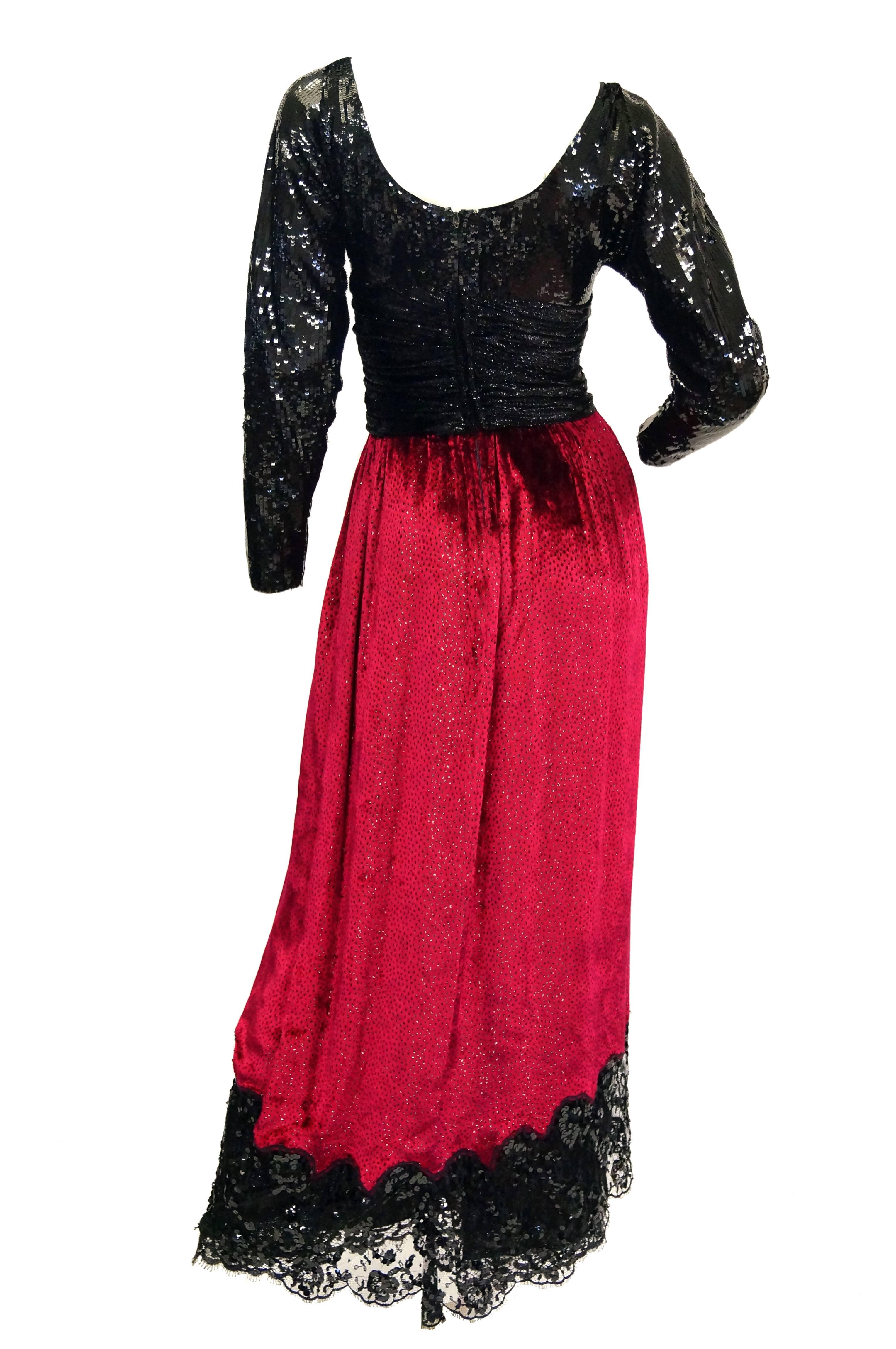 Women's  1980s Geoffrey Beene Black and Red Sequin, Lace, and Velvet Evening Dress 2 For Sale