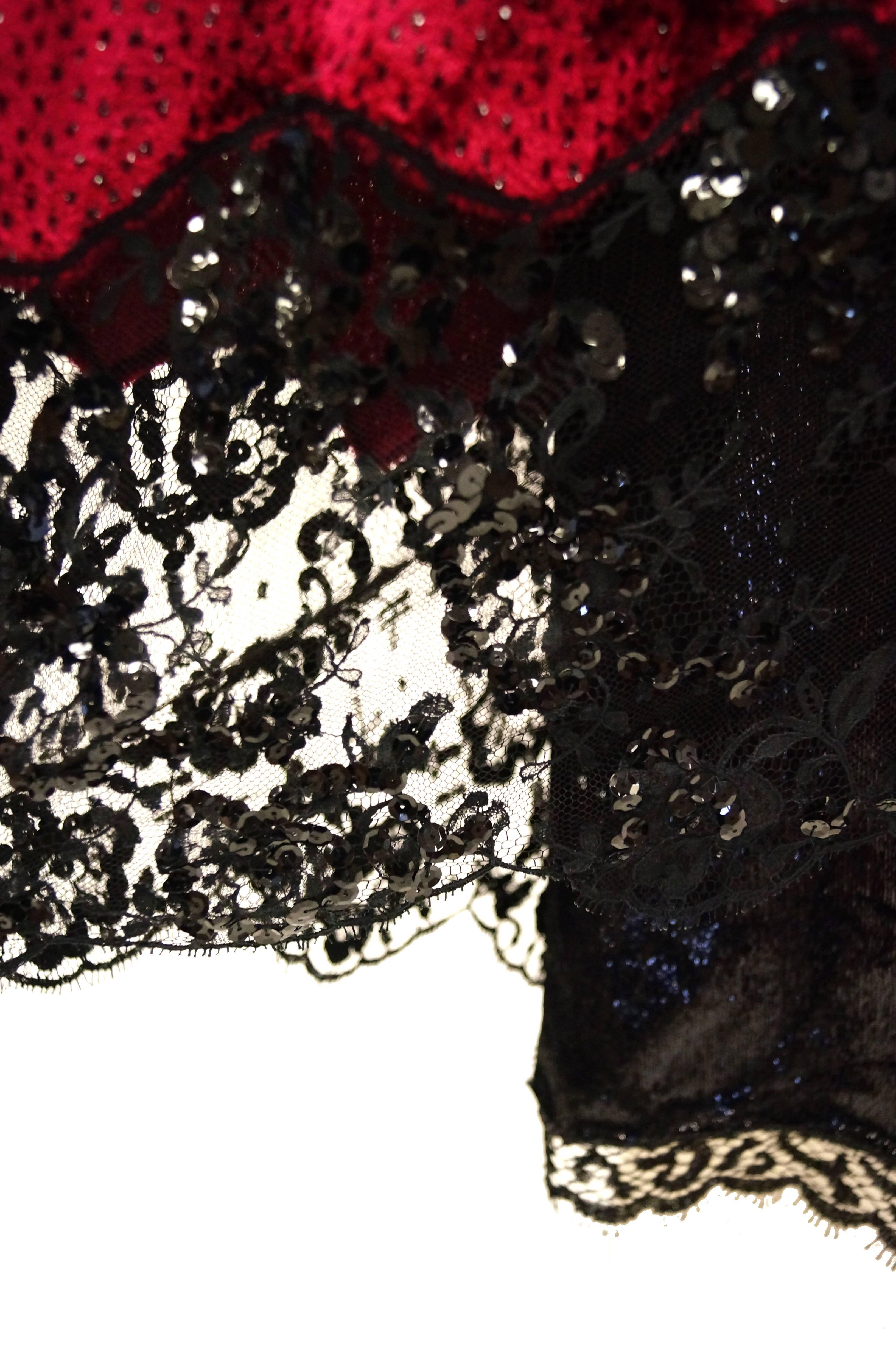  1980s Geoffrey Beene Black and Red Sequin, Lace, and Velvet Evening Dress 2 In Excellent Condition For Sale In Houston, TX