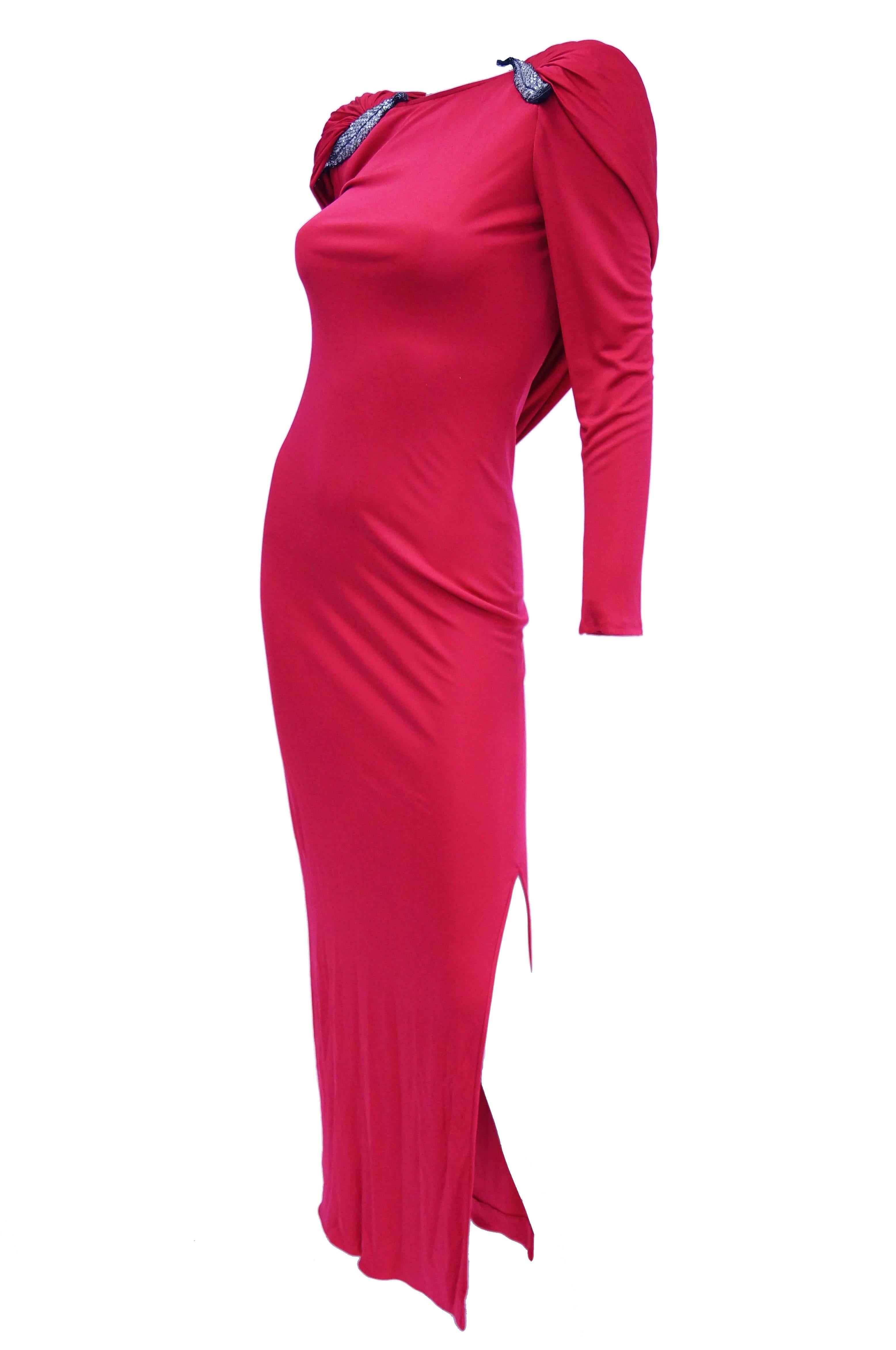 Women's 1984 Valentino Pink Silk Plunge Back Evening Dress w/ Cape and Beading Detail For Sale