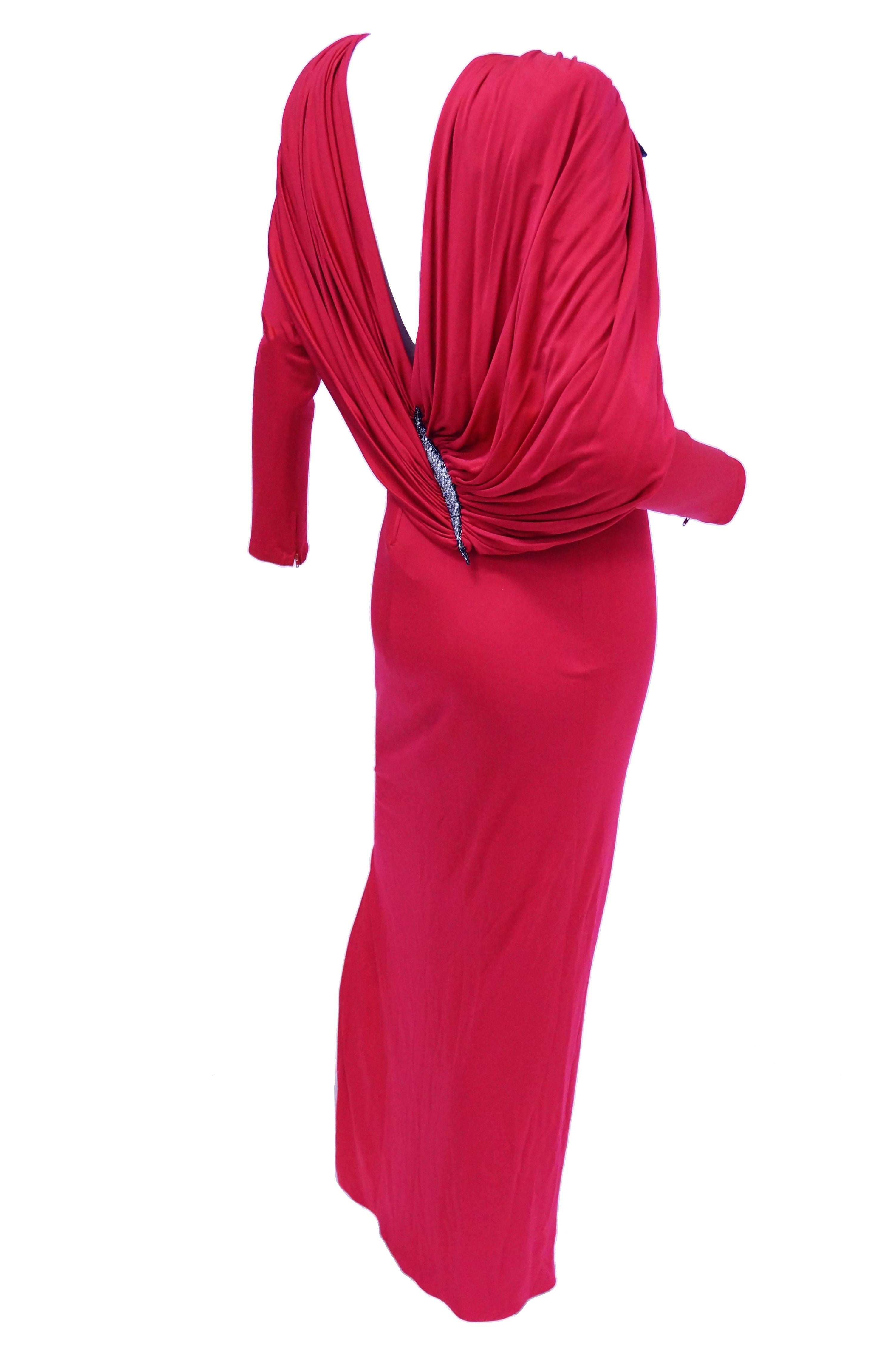 1984 Valentino Pink Silk Plunge Back Evening Dress w/ Cape and Beading Detail For Sale 4