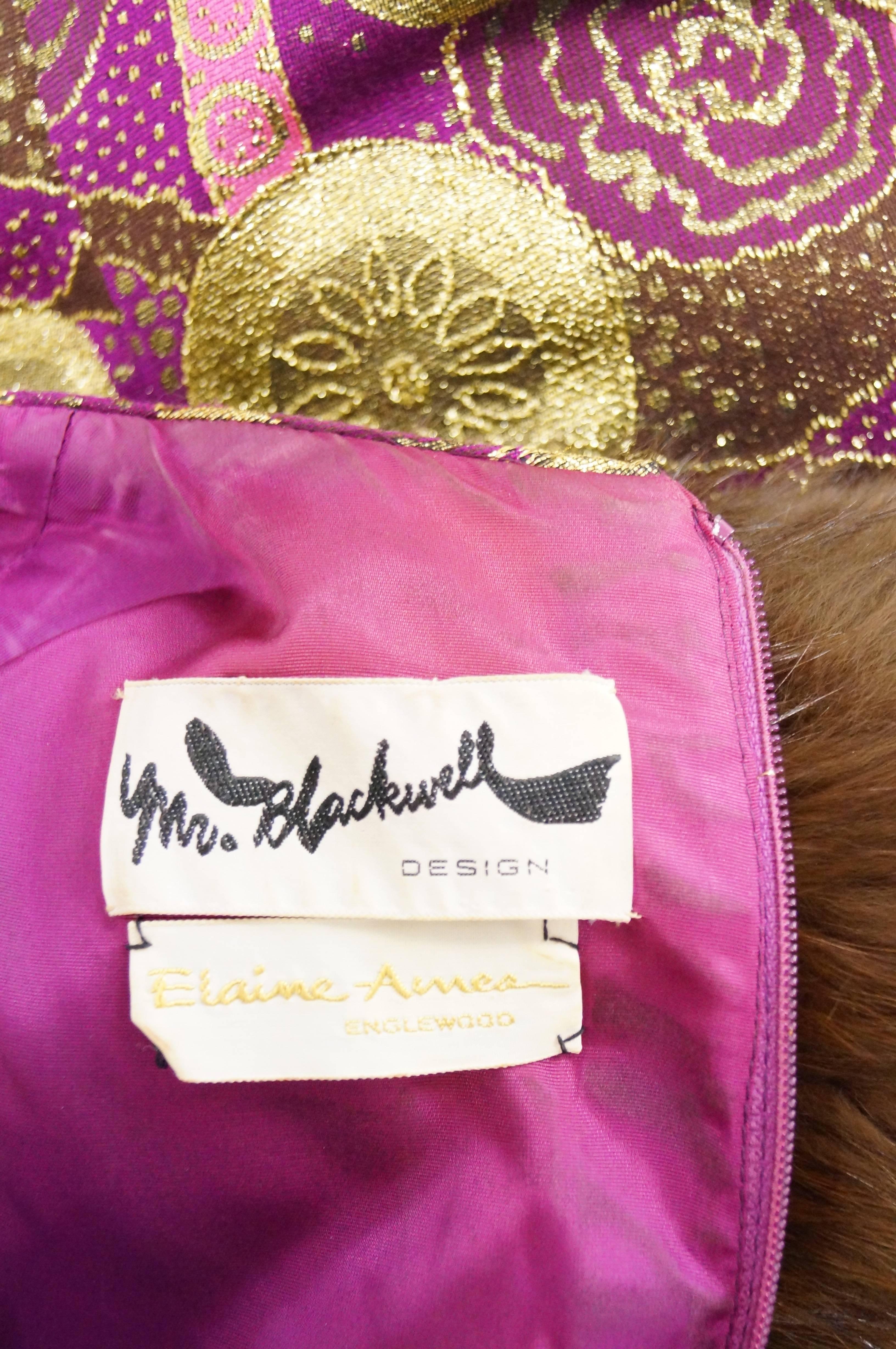 Brown Mr. Blackwell Fur Cuff Gold and Purple Brocade Evening Dress, 1960s 
