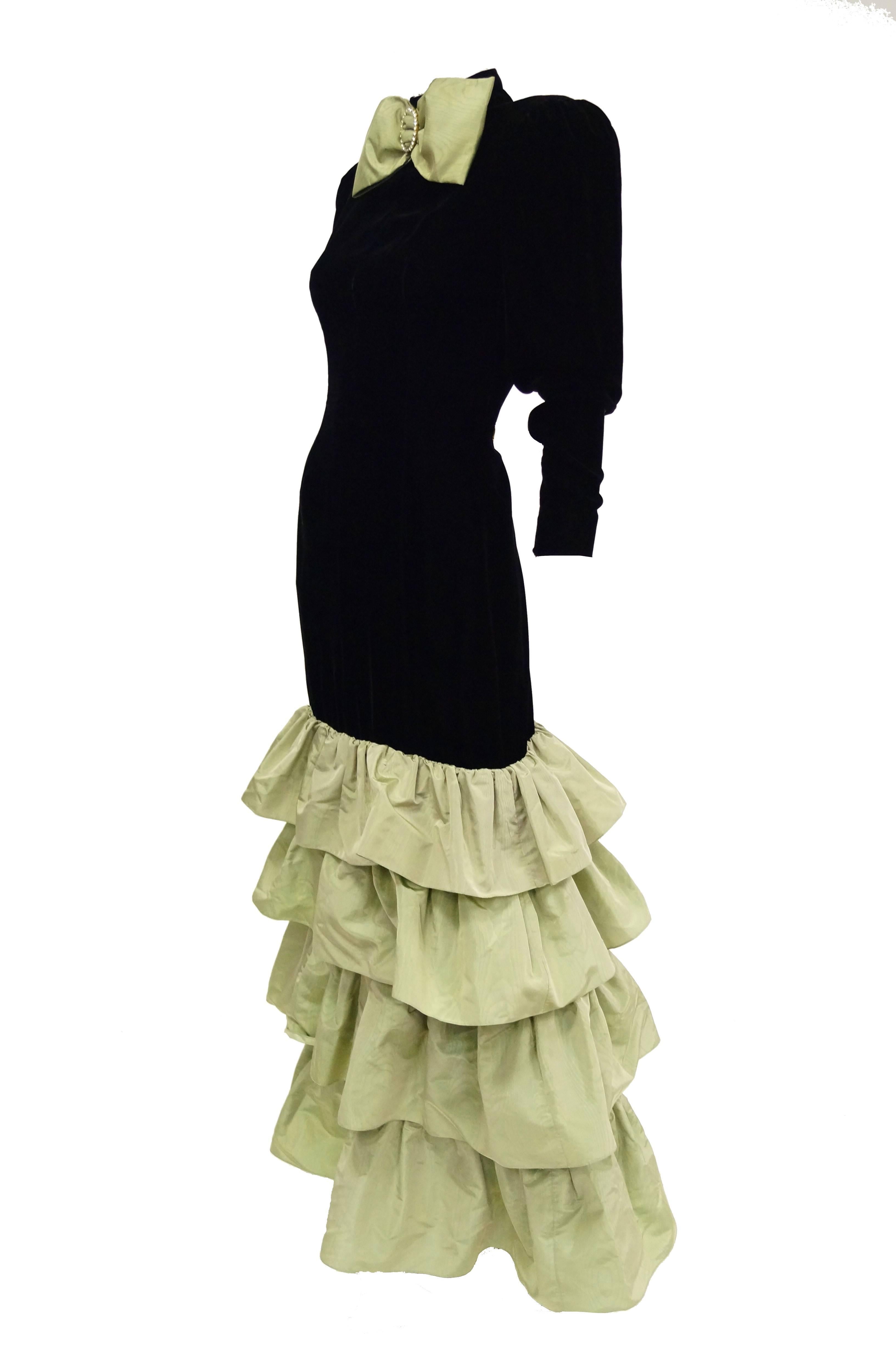 Beige Givenchy Black Velvet and Green Taffeta Silk Bow Evening Dress, 1980s 
