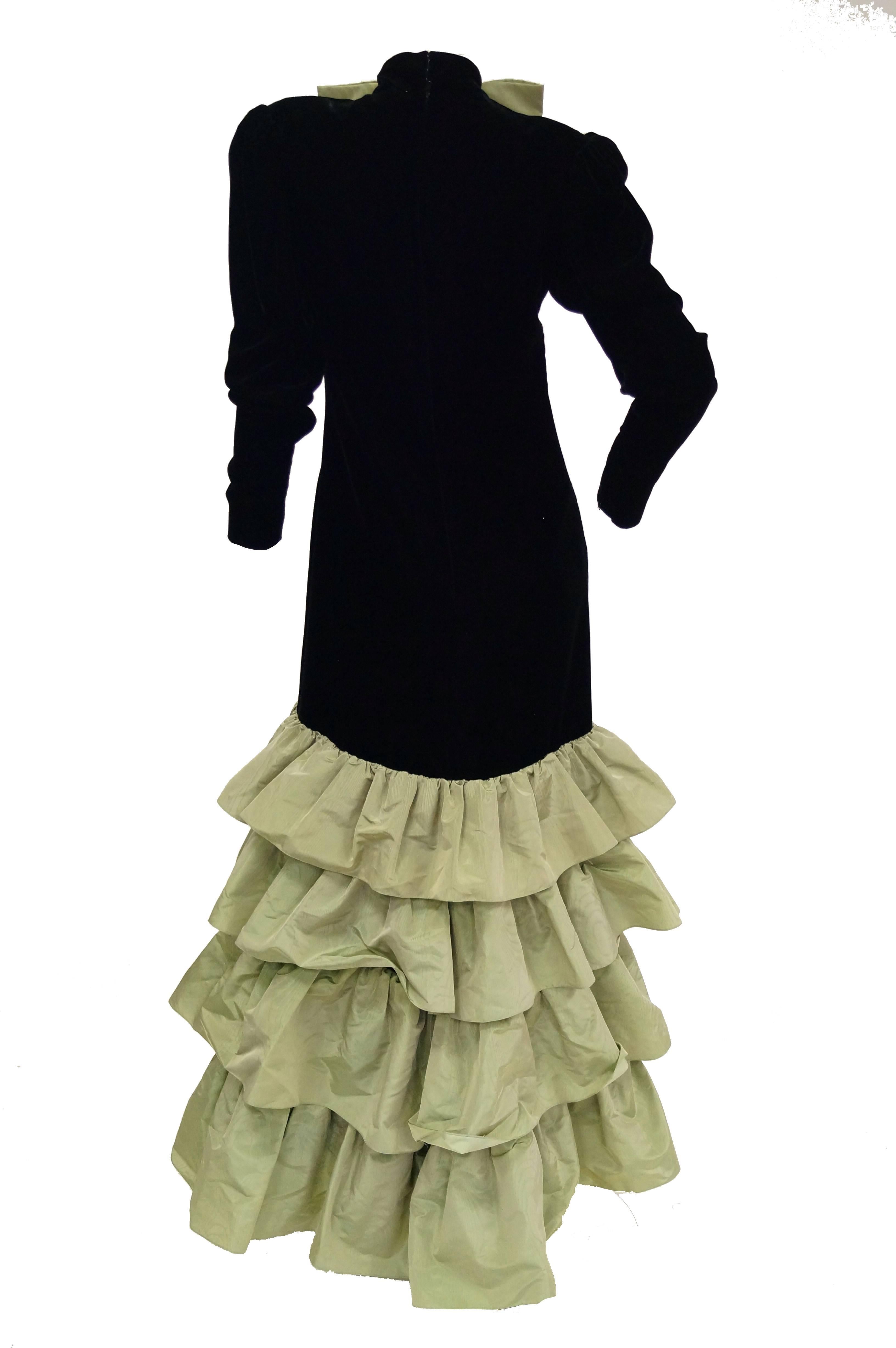 Givenchy Black Velvet and Green Taffeta Silk Bow Evening Dress, 1980s  1
