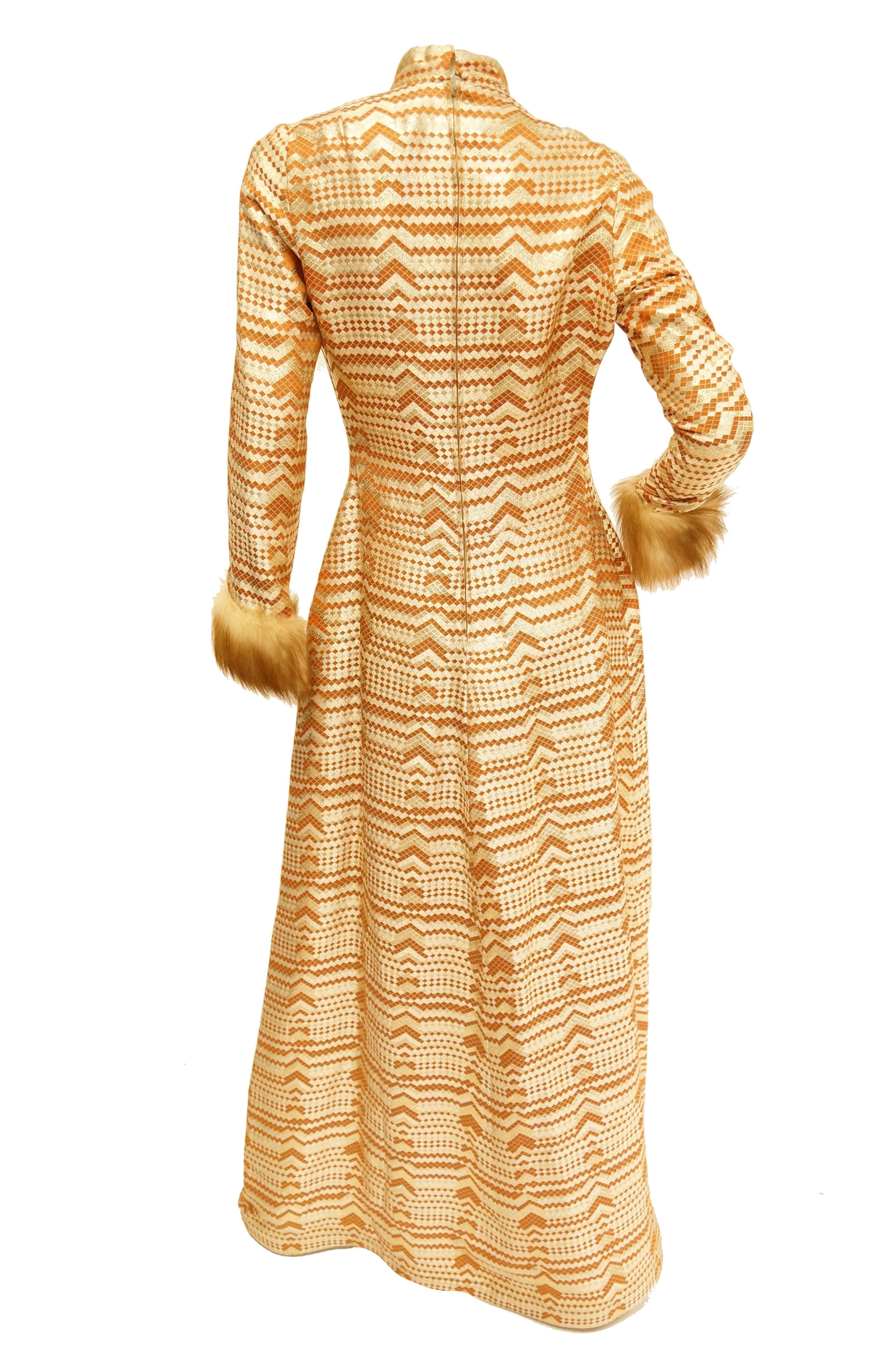 Women's Oscar de la Renta Couture Gold Evening Dress with Fur Cuffs, 1970s 