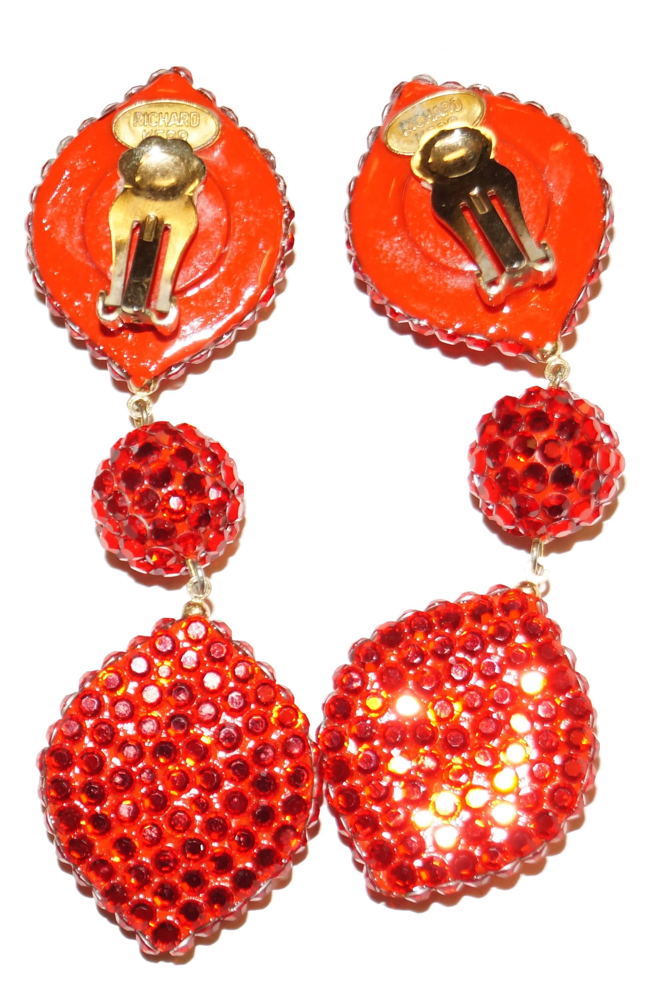  1980s Richard Kerr Scarlet Red Rhinestone Drop Earrings In Excellent Condition In Houston, TX