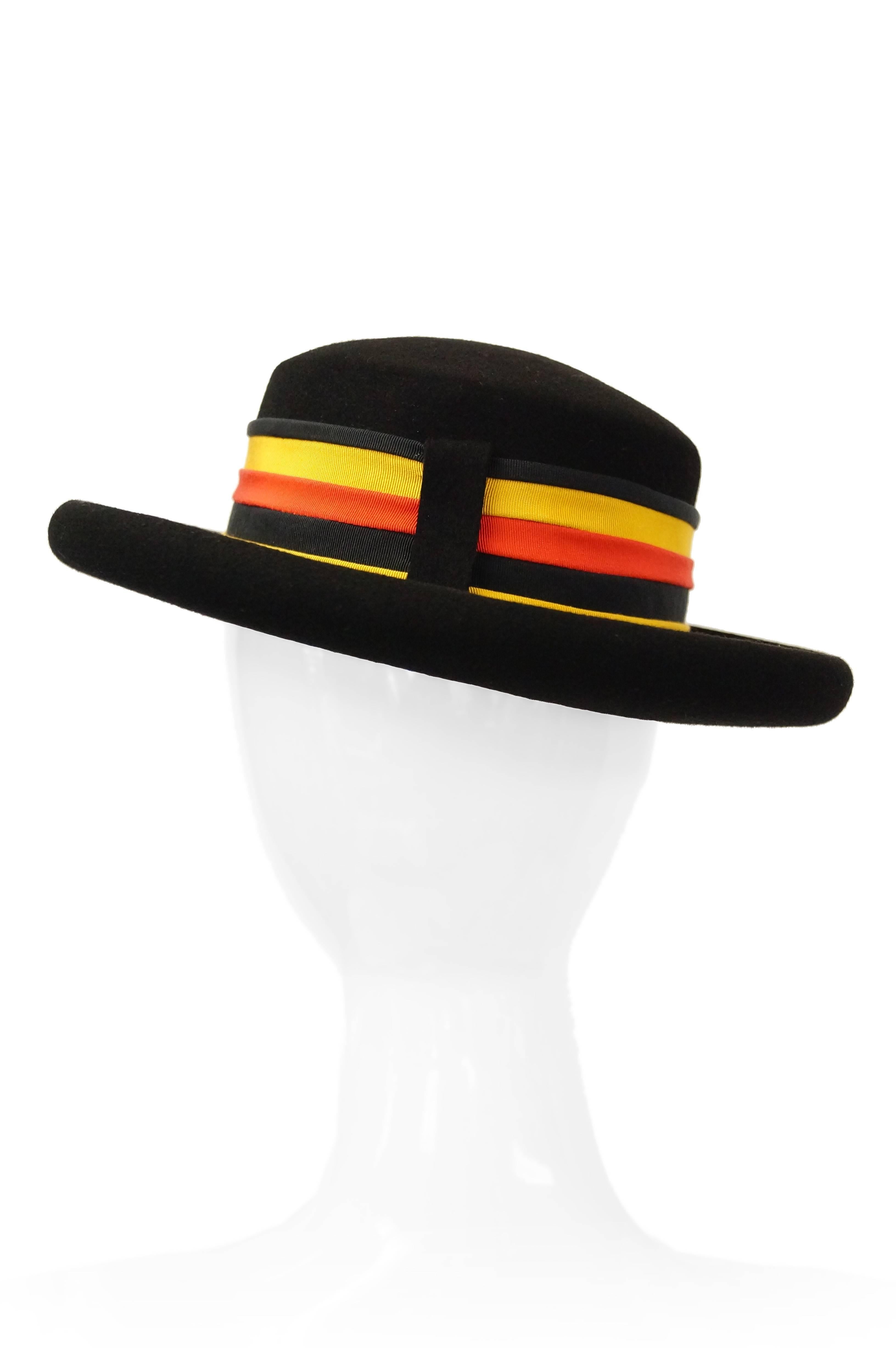 1980s Adolfo Black Felt Hat with Yellow and Orange Ribbon In Excellent Condition In Houston, TX