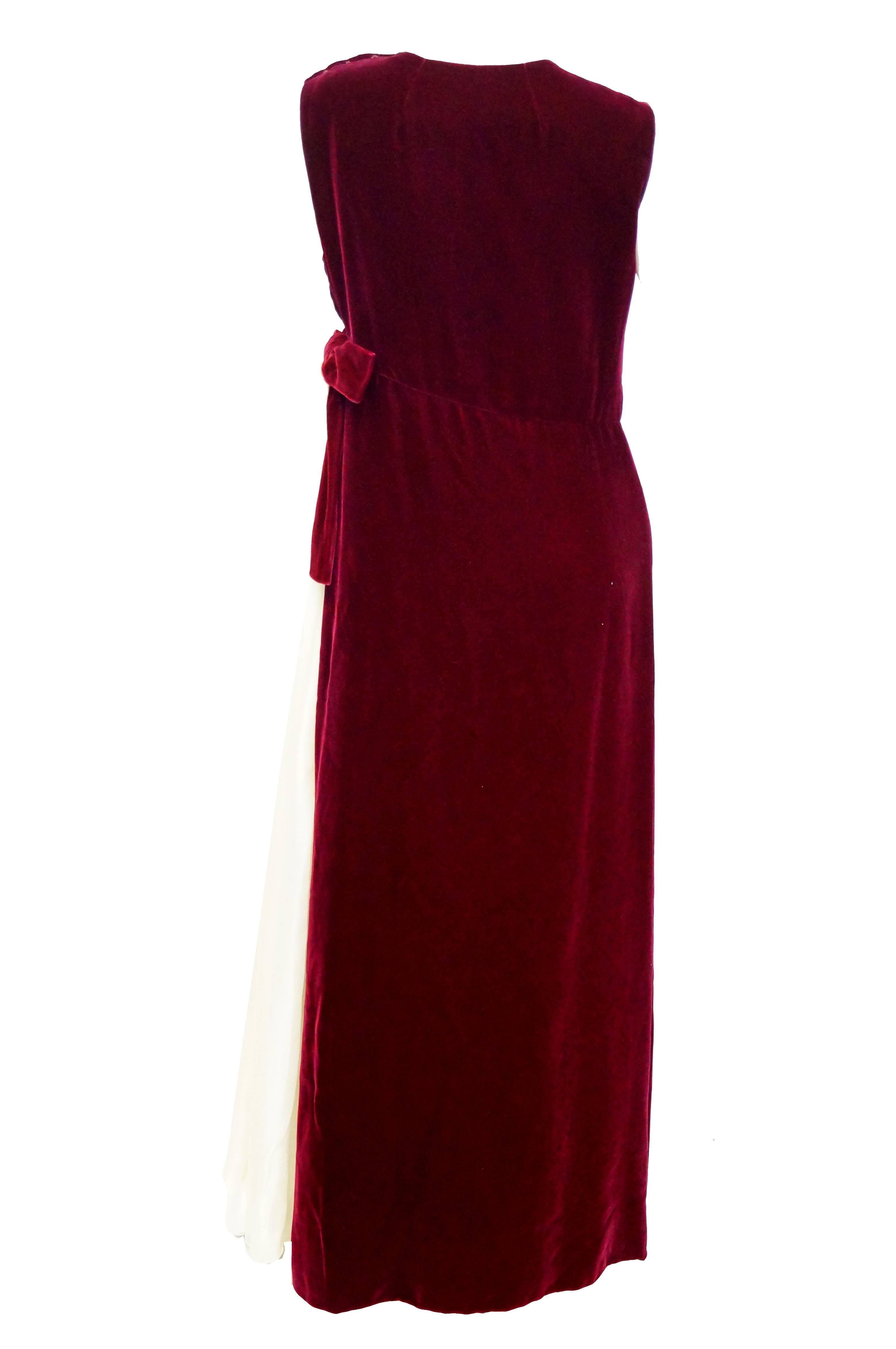 1960s Sarmi Red Velvet Evening Dress w/ Sheer White Silk Skirt Accent ...