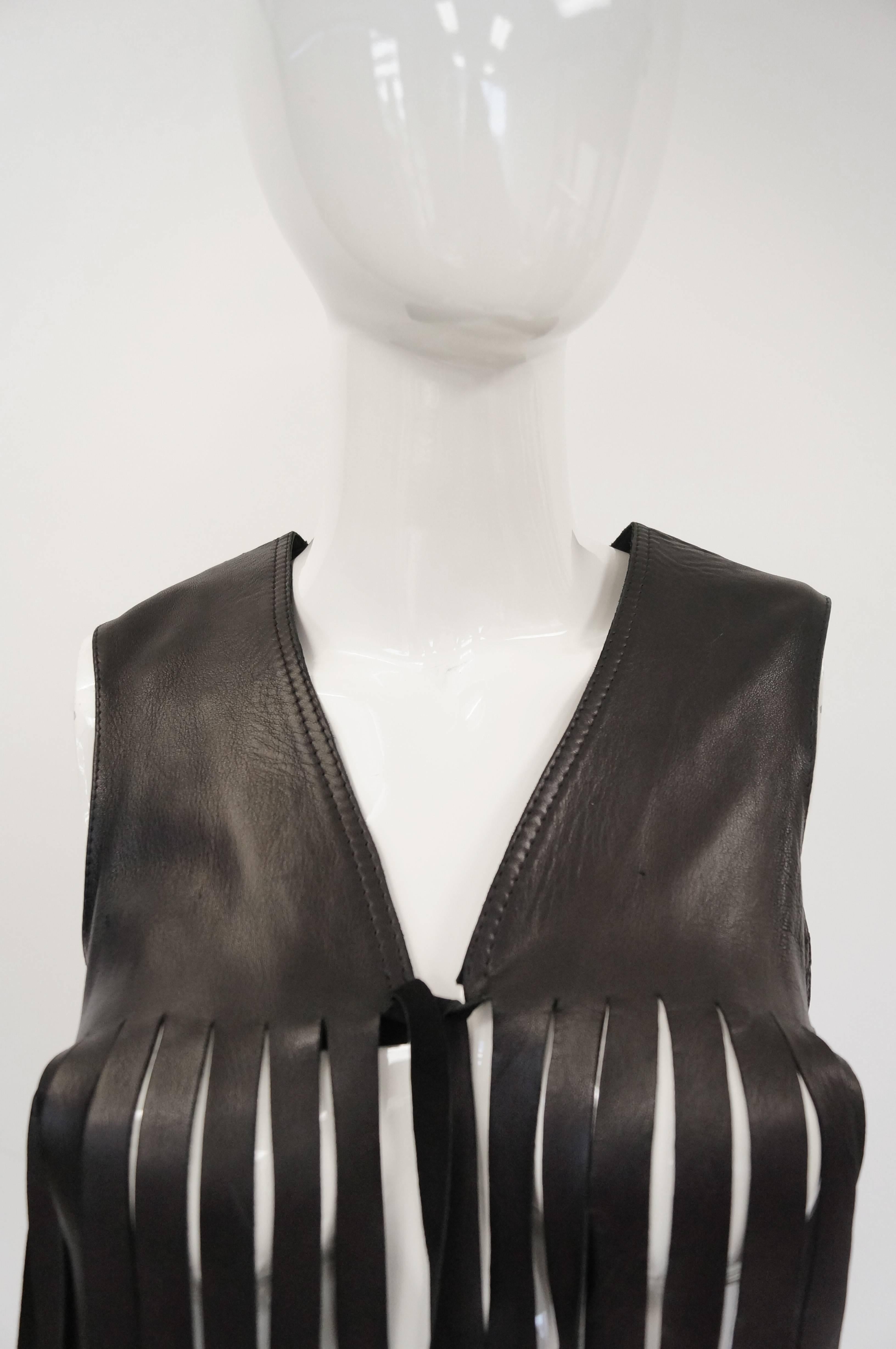 Women's or Men's 1970’s French Black leather Fringe Vest Made for Neiman Marcus