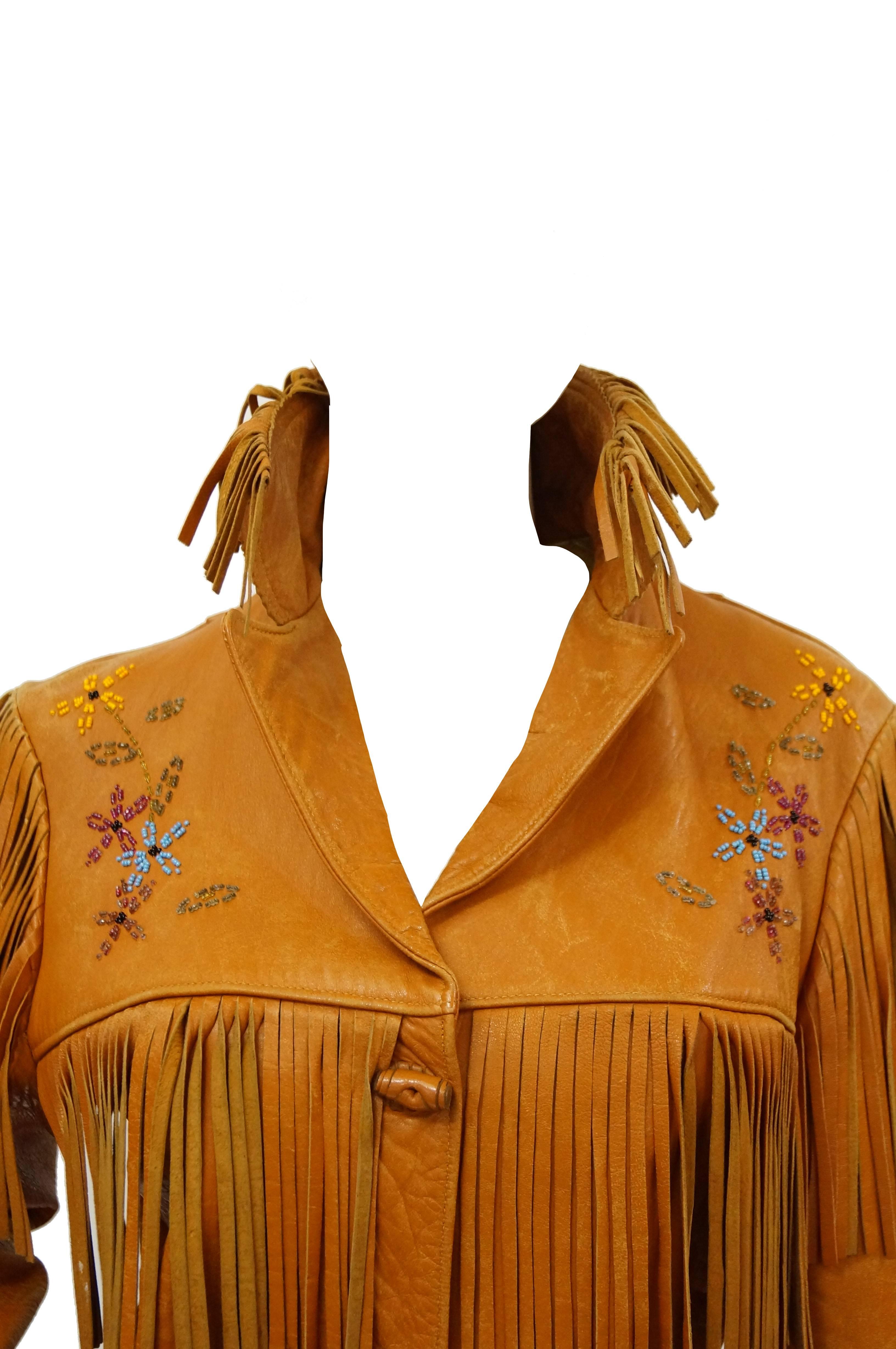 Orange Tan Leather Jacket with Fringe and Beading Detail, Early 1960s 