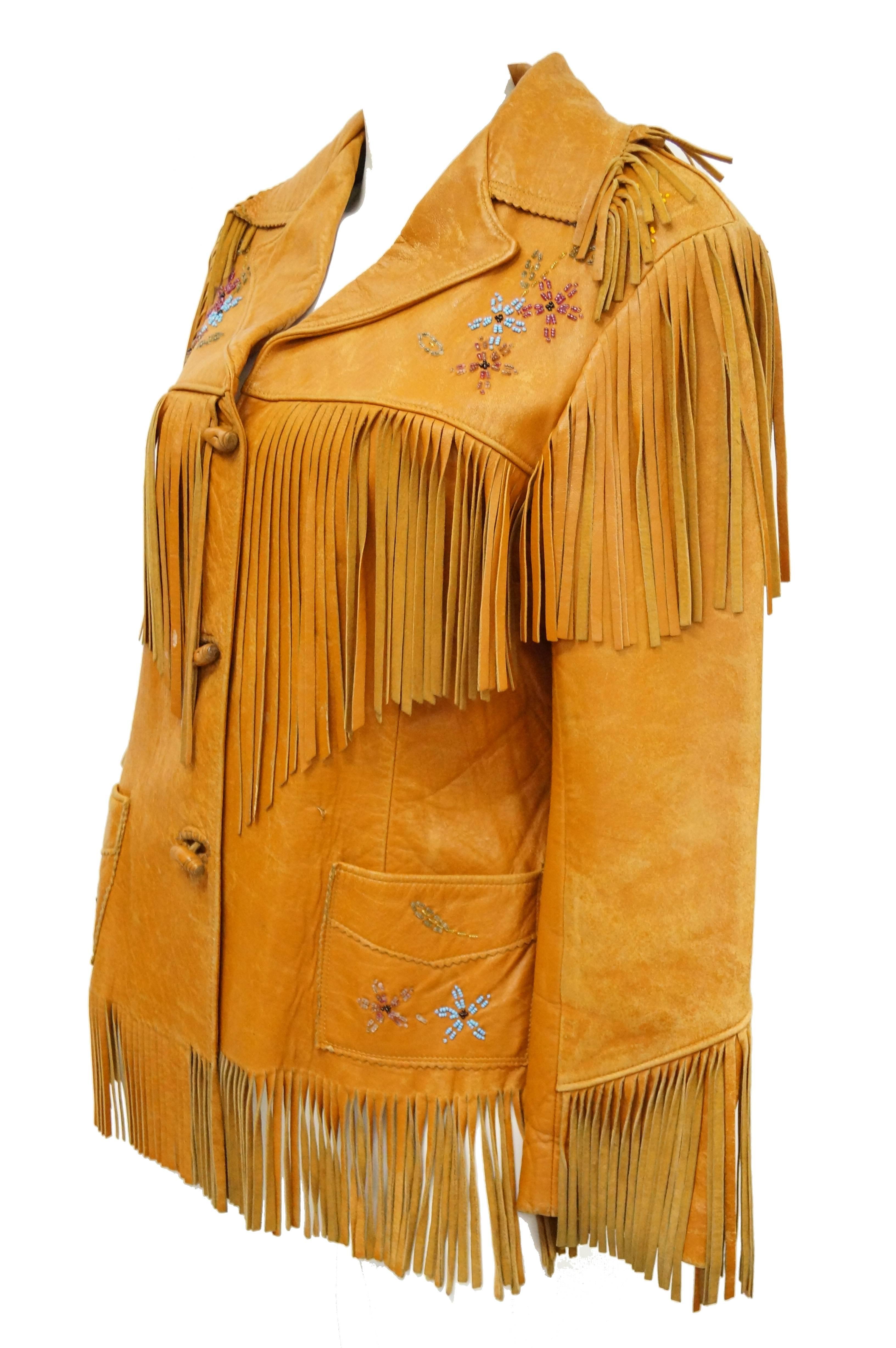 Tan Leather Jacket with Fringe and Beading Detail, Early 1960s  1