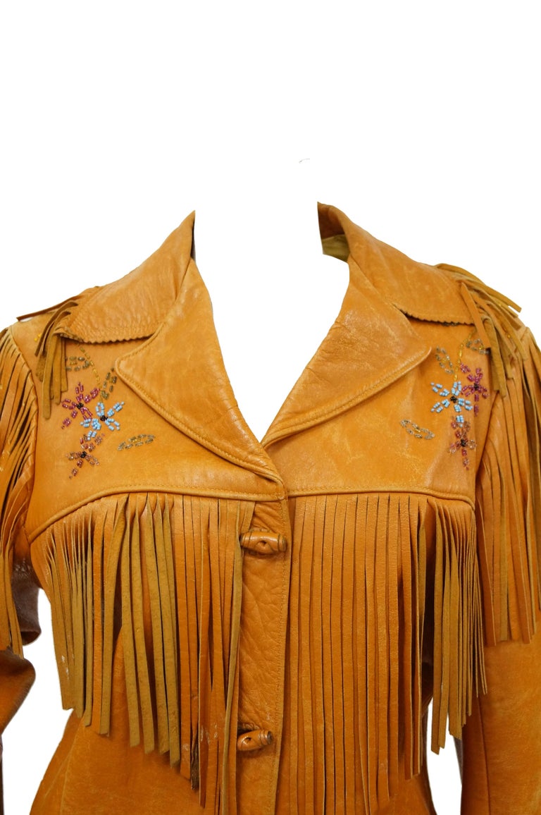 Tan Leather Jacket with Fringe and Beading Detail, Early 1960s at ...