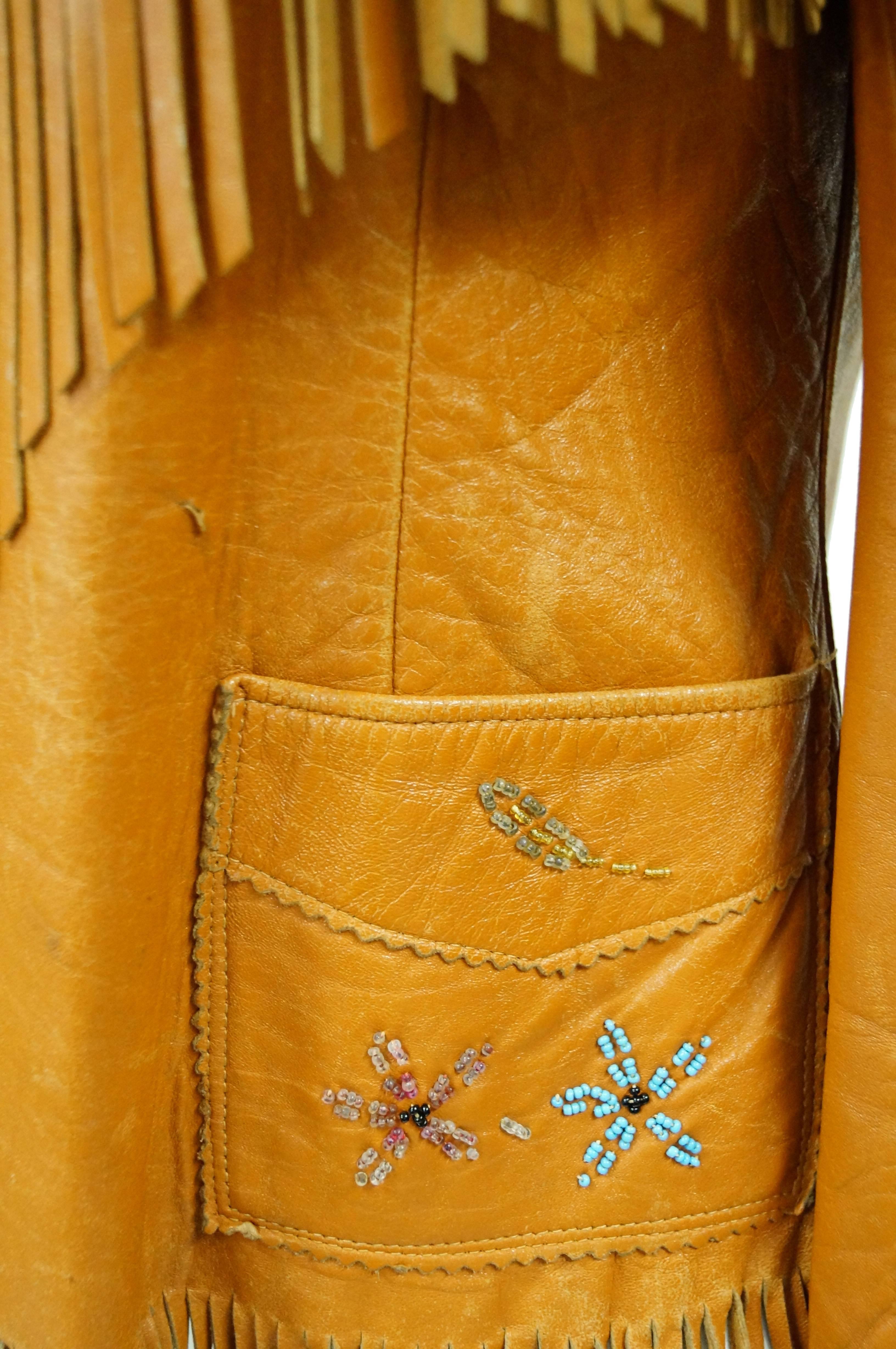 Tan Leather Jacket with Fringe and Beading Detail, Early 1960s  In Good Condition In Houston, TX