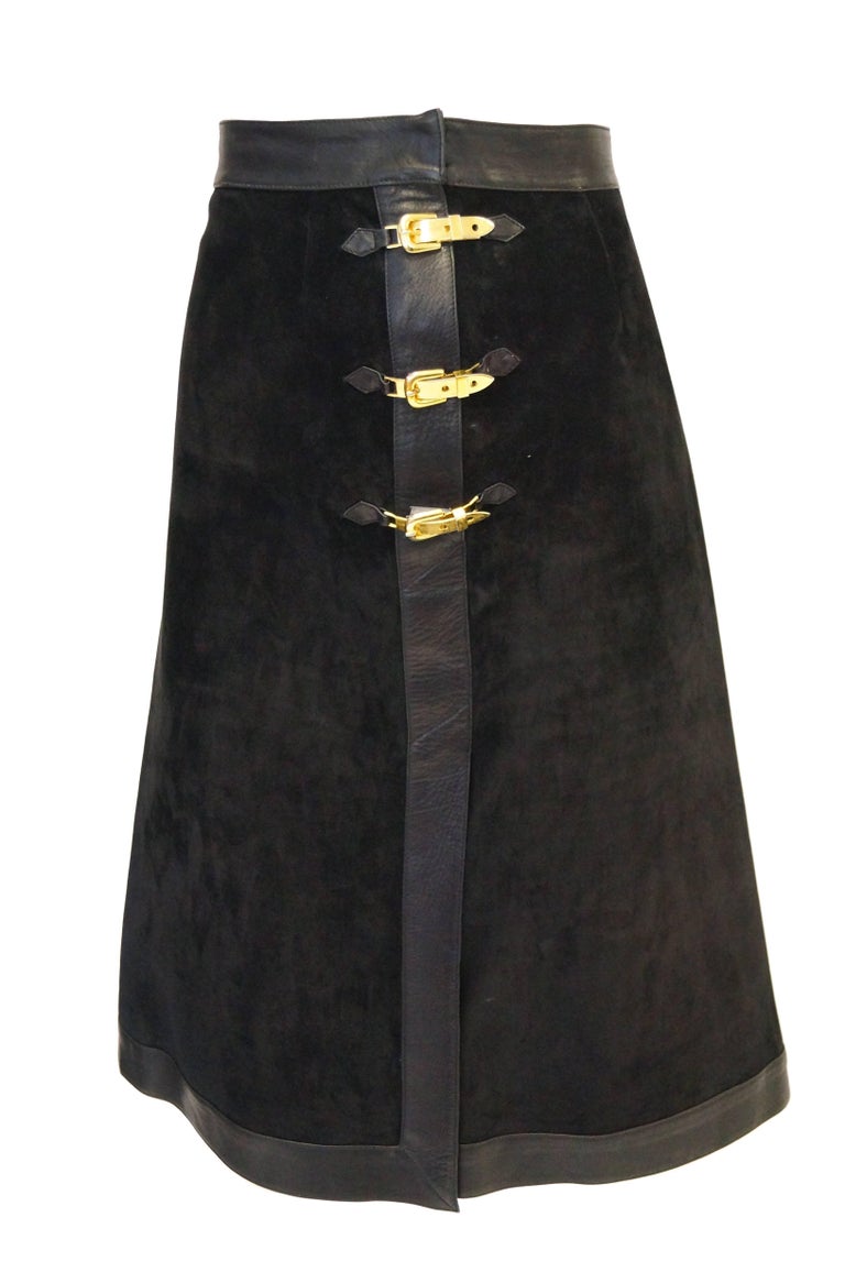 1970s Gucci Black Leather and Suede Buckle Skirt at 1stDibs