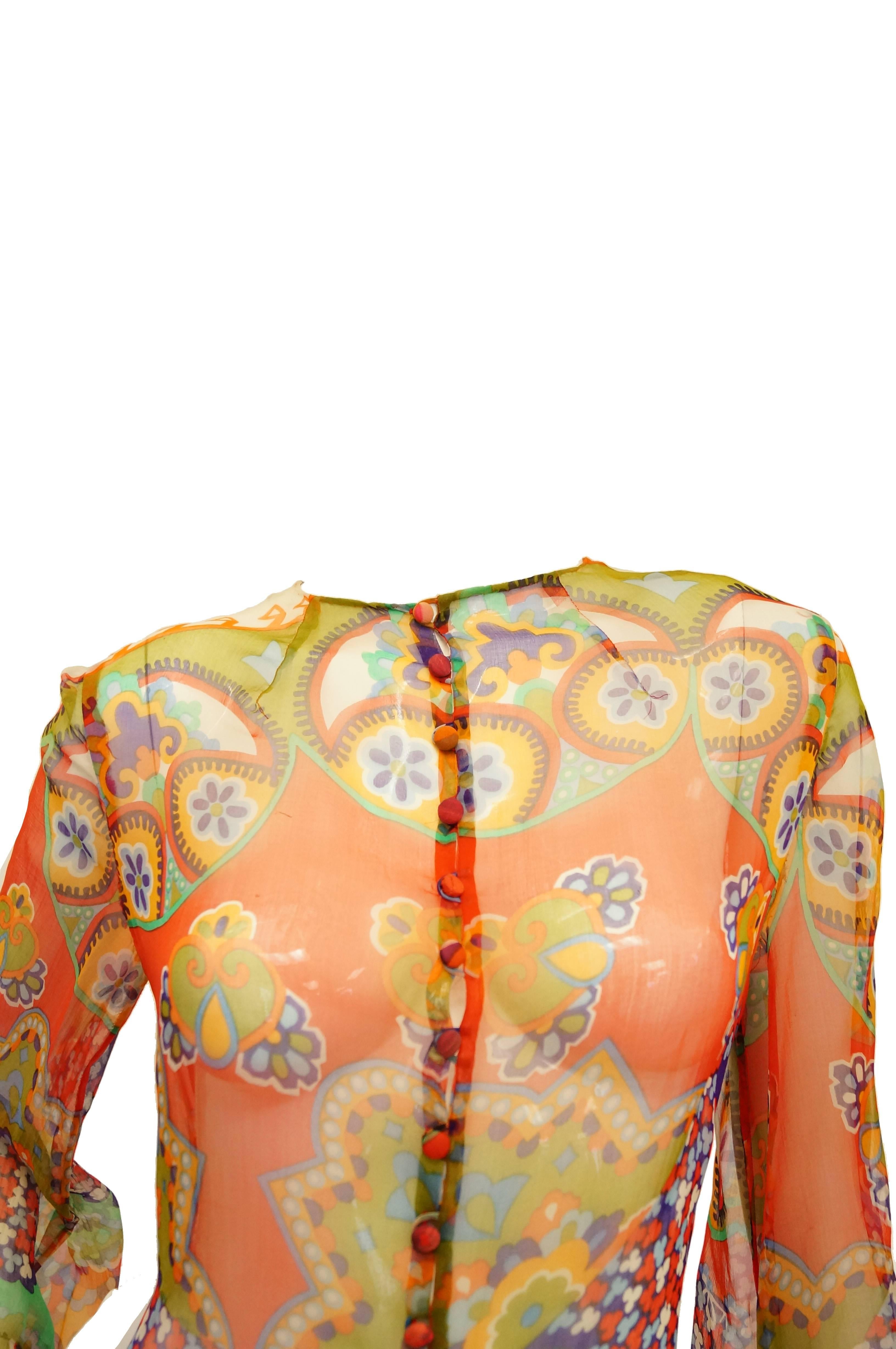 Brown 1970s Sheer Polychrome Psychedelic Floral Boho Caftan/Tunic /Cover Up