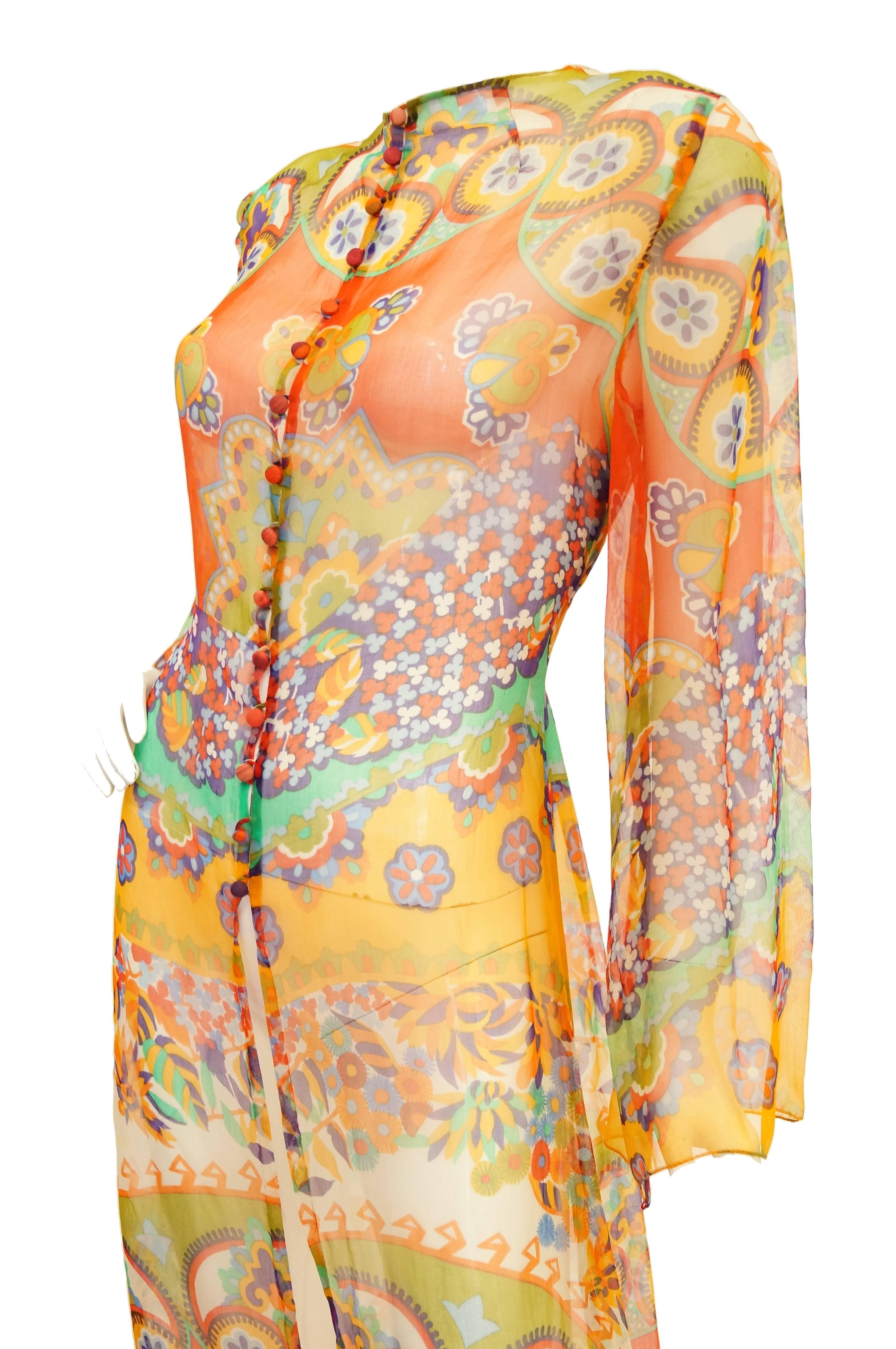 1970s Sheer Polychrome Psychedelic Floral Boho Caftan/Tunic /Cover Up In Excellent Condition In Houston, TX