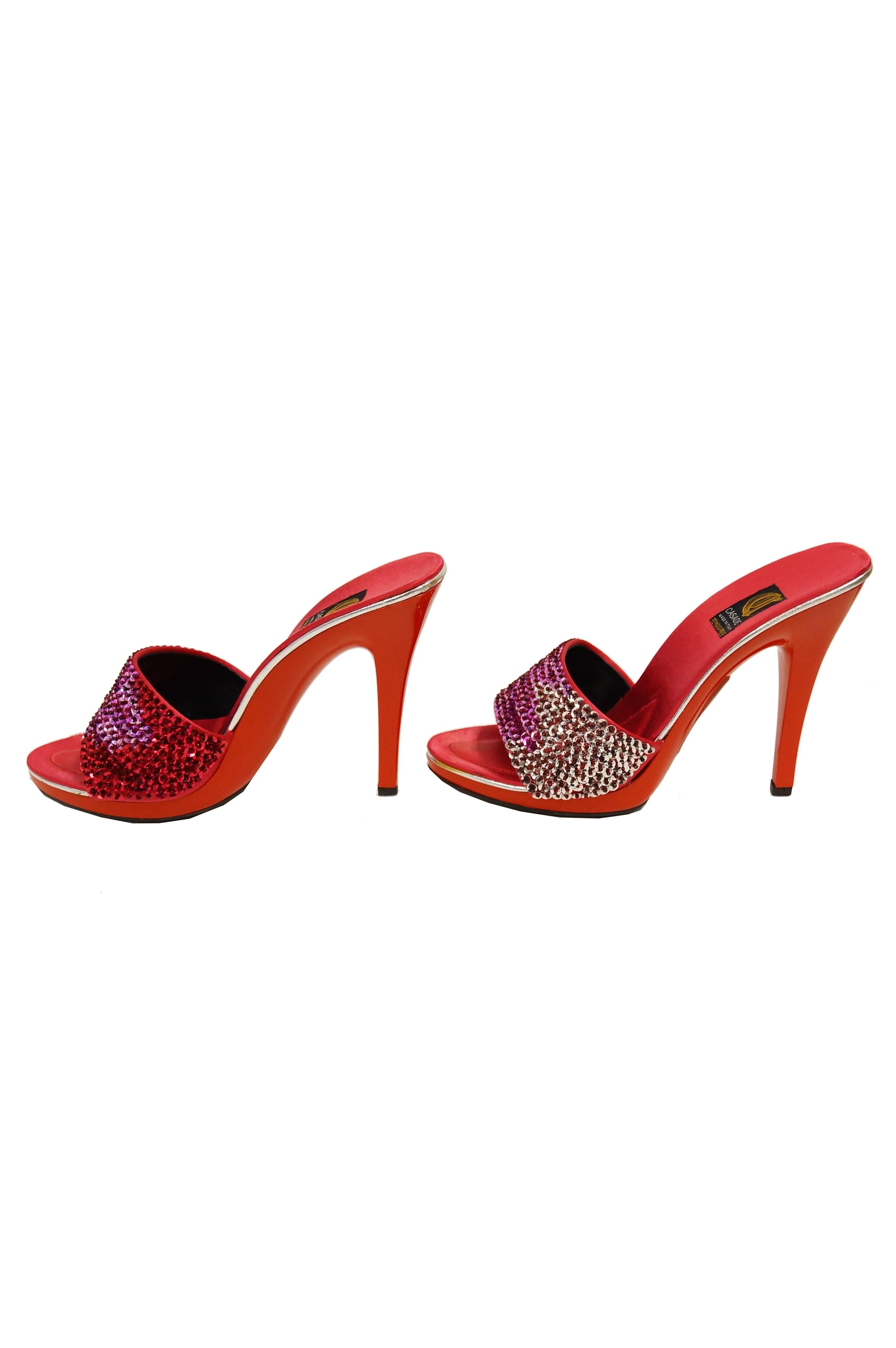 Casadei Red Satin and Sequin Sandals In Excellent Condition For Sale In Houston, TX