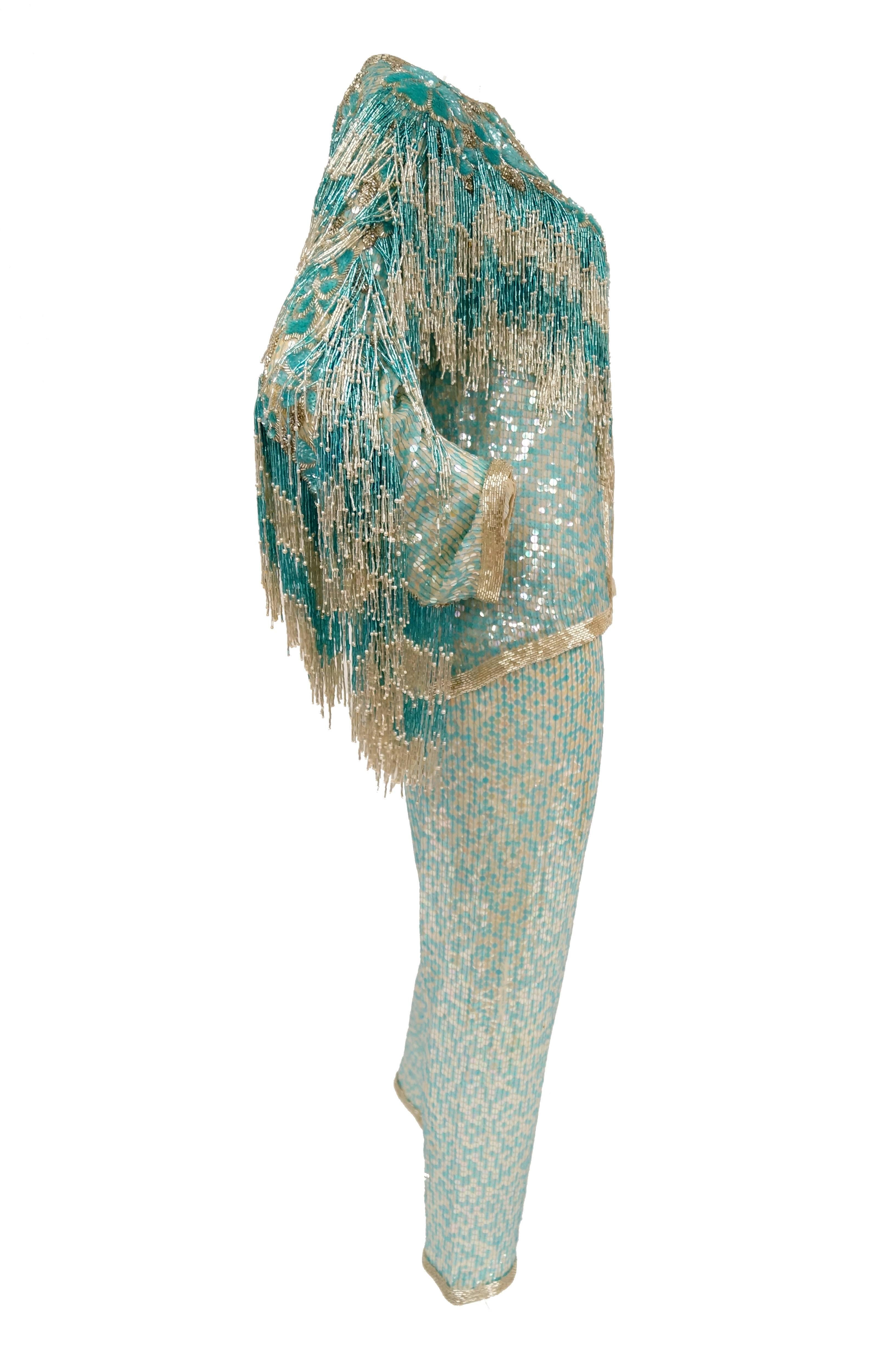 1980s Naeem Khan Silk Aqua Sequin & Beading Evening Ensemble W/ Tassel Jacket 6 For Sale 8