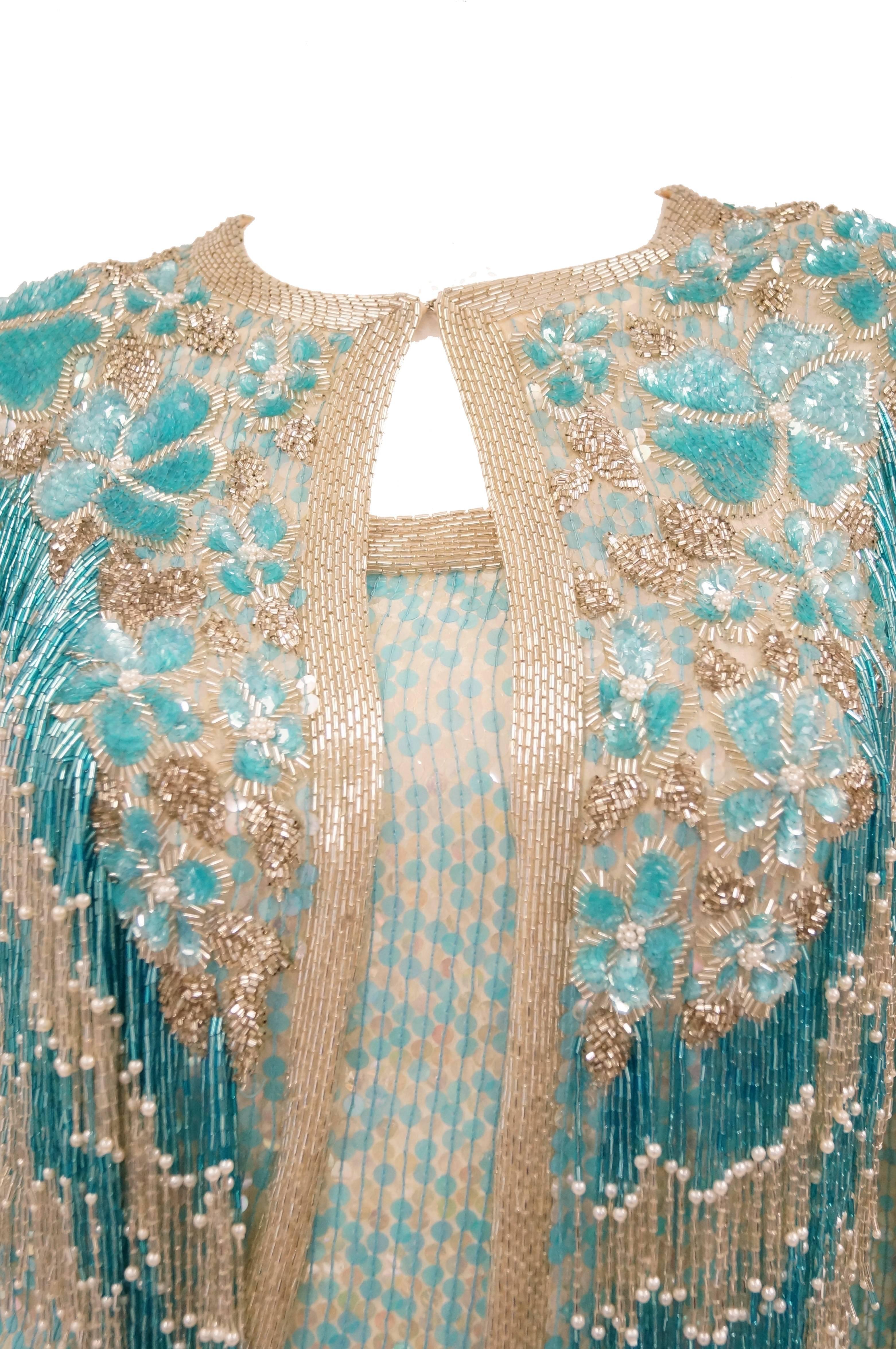 1980s Naeem Khan Silk Aqua Sequin & Beading Evening Ensemble W/ Tassel Jacket 6 For Sale 4