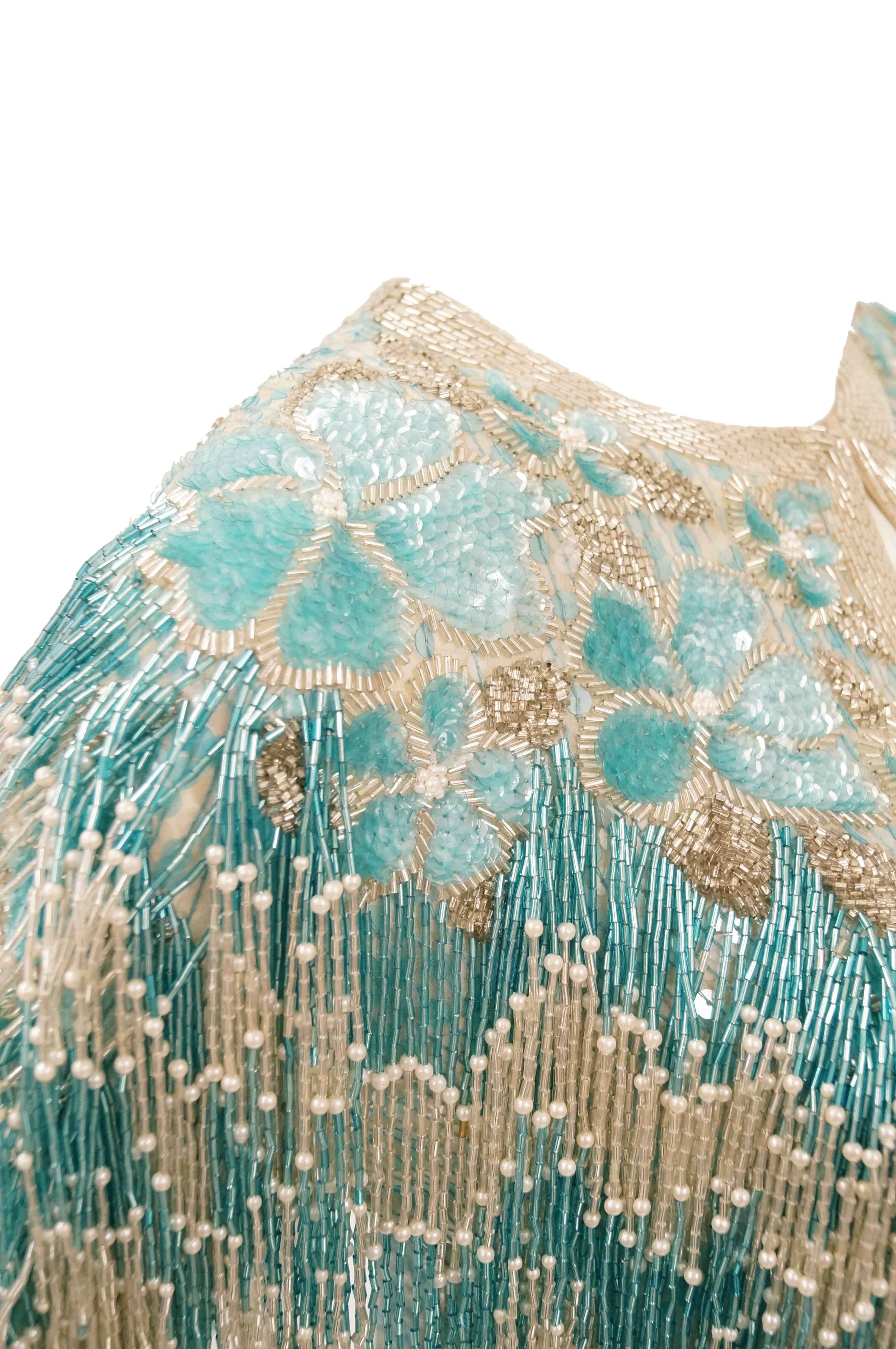1980s Naeem Khan Silk Aqua Sequin & Beading Evening Ensemble W/ Tassel Jacket 6 For Sale 9