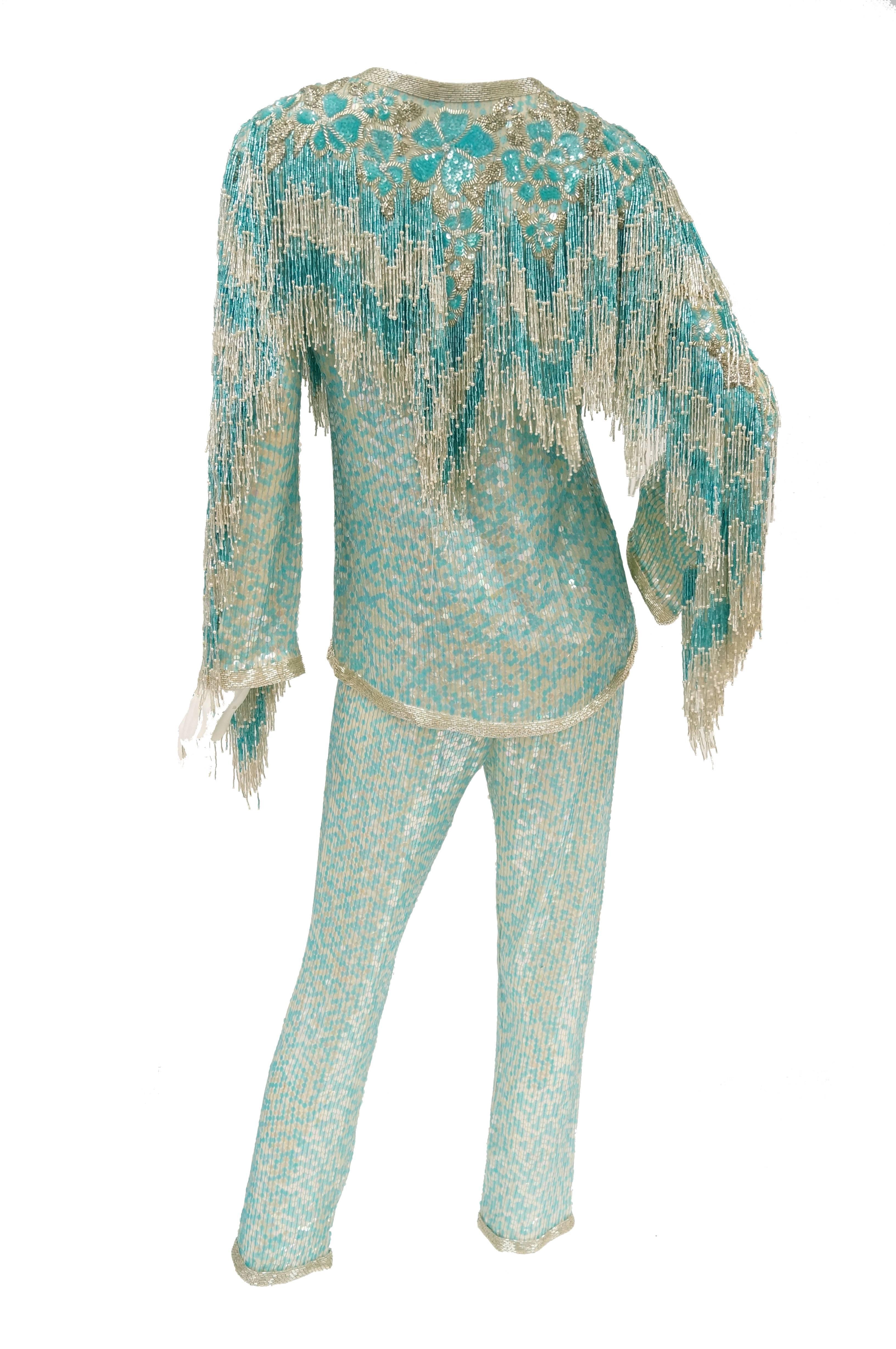 1980s Naeem Khan Silk Aqua Sequin & Beading Evening Ensemble W/ Tassel Jacket 6 In Excellent Condition For Sale In Houston, TX