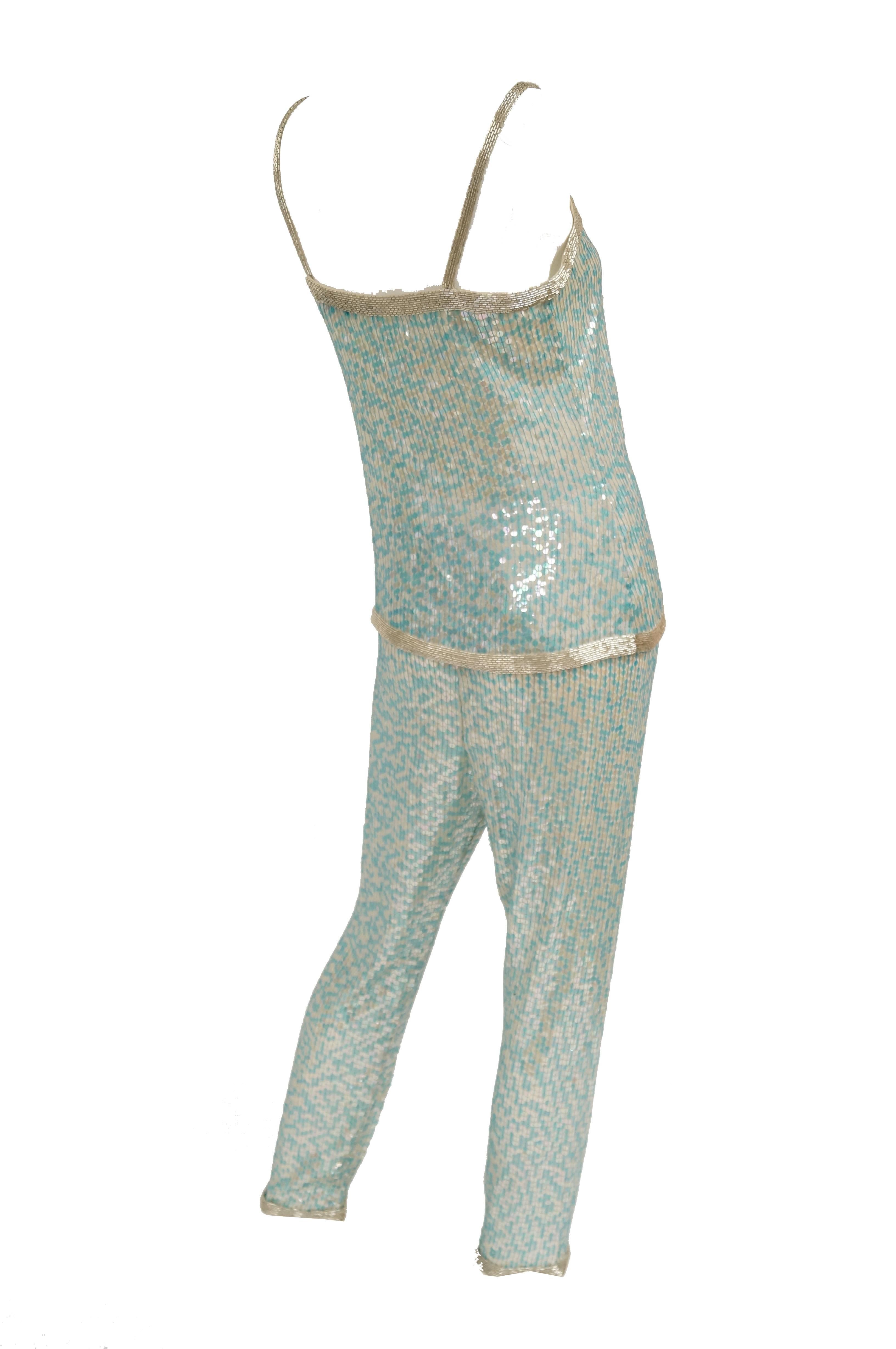 1980s Naeem Khan Silk Aqua Sequin & Beading Evening Ensemble W/ Tassel Jacket 6 For Sale 3