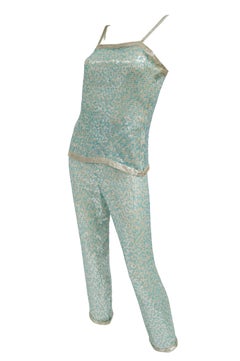 1980s Naeem Khan Silk Aqua Sequin & Beading Evening Ensemble W/ Tassel Jacket 6