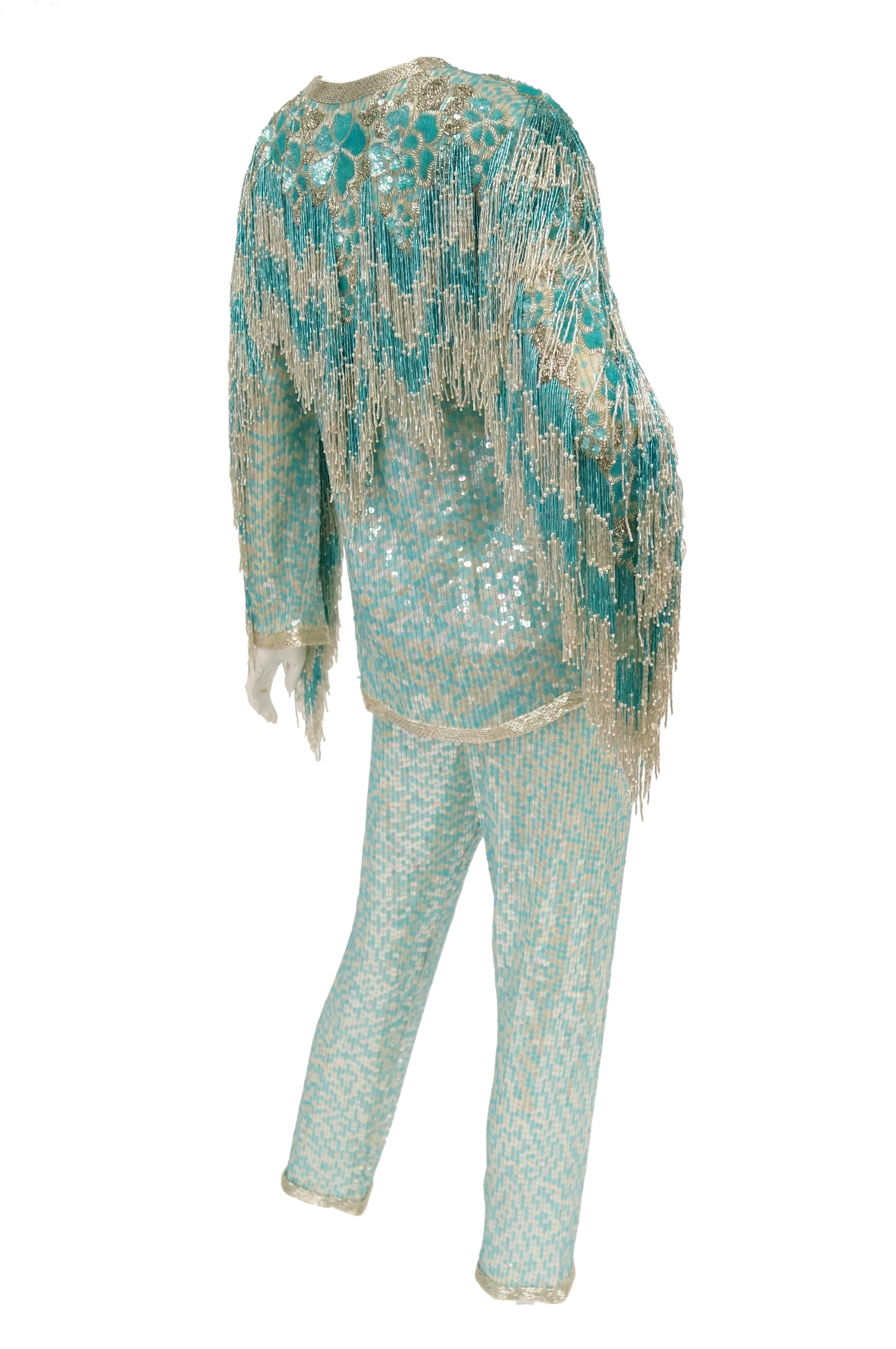 1980s Naeem Khan Silk Aqua Sequin & Beading Evening Ensemble W/ Tassel Jacket 6 For Sale 7