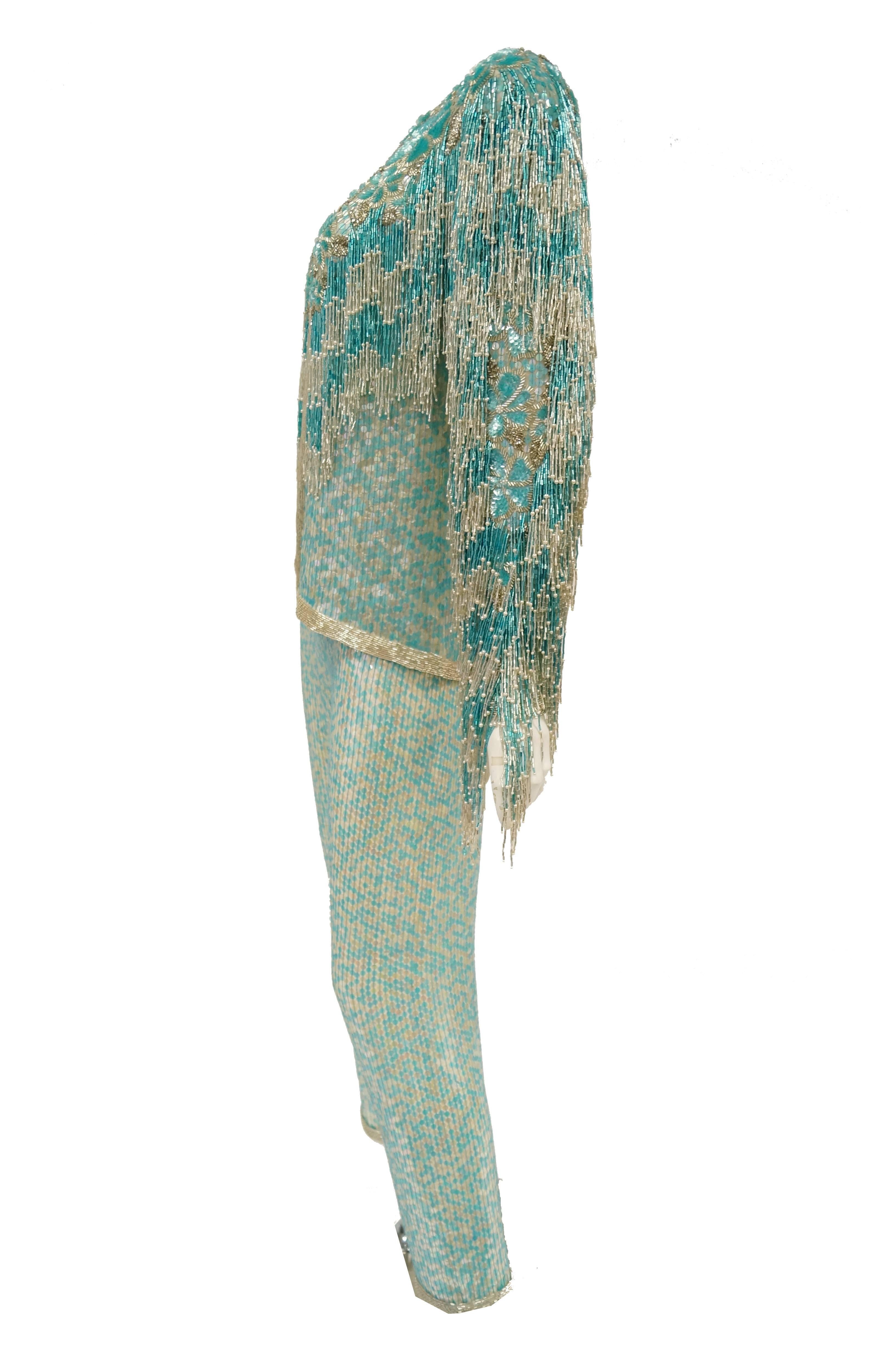 1980s Naeem Khan Silk Aqua Sequin & Beading Evening Ensemble W/ Tassel Jacket 6 For Sale 6