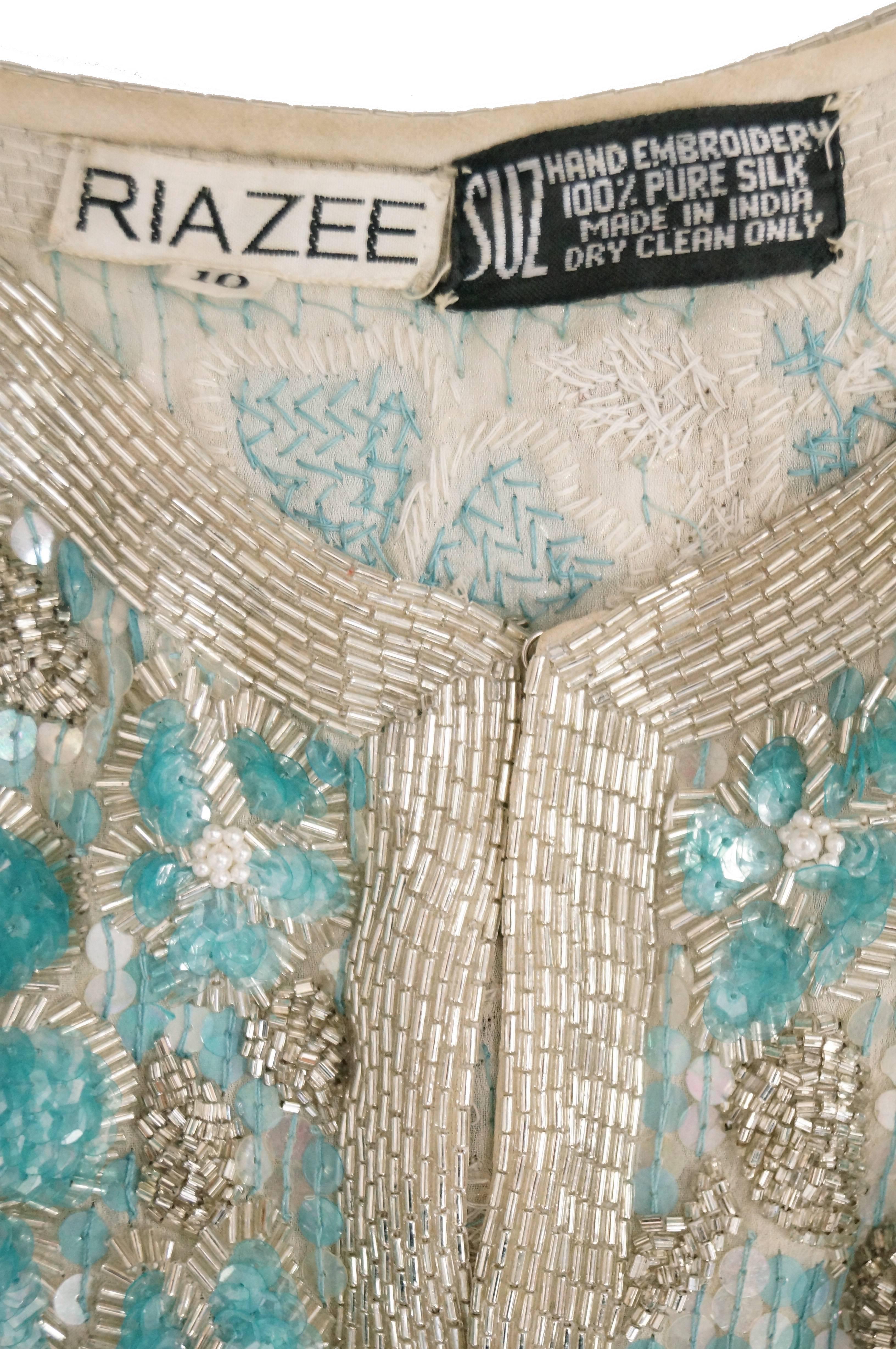 1980s Naeem Khan Silk Aqua Sequin & Beading Evening Ensemble W/ Tassel Jacket 6 For Sale 10
