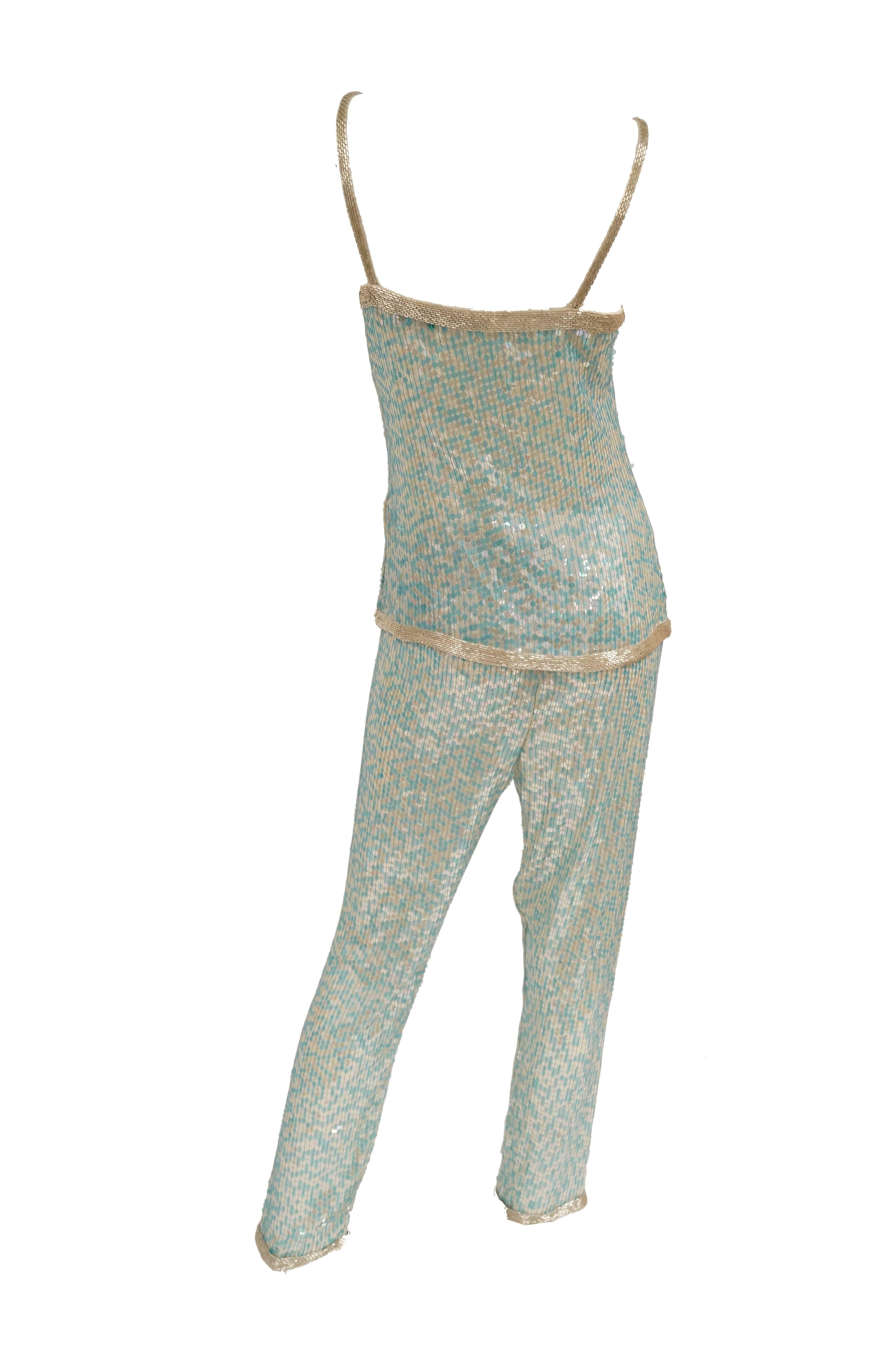 1980s Naeem Khan Silk Aqua Sequin & Beading Evening Ensemble W/ Tassel Jacket 6 For Sale 2