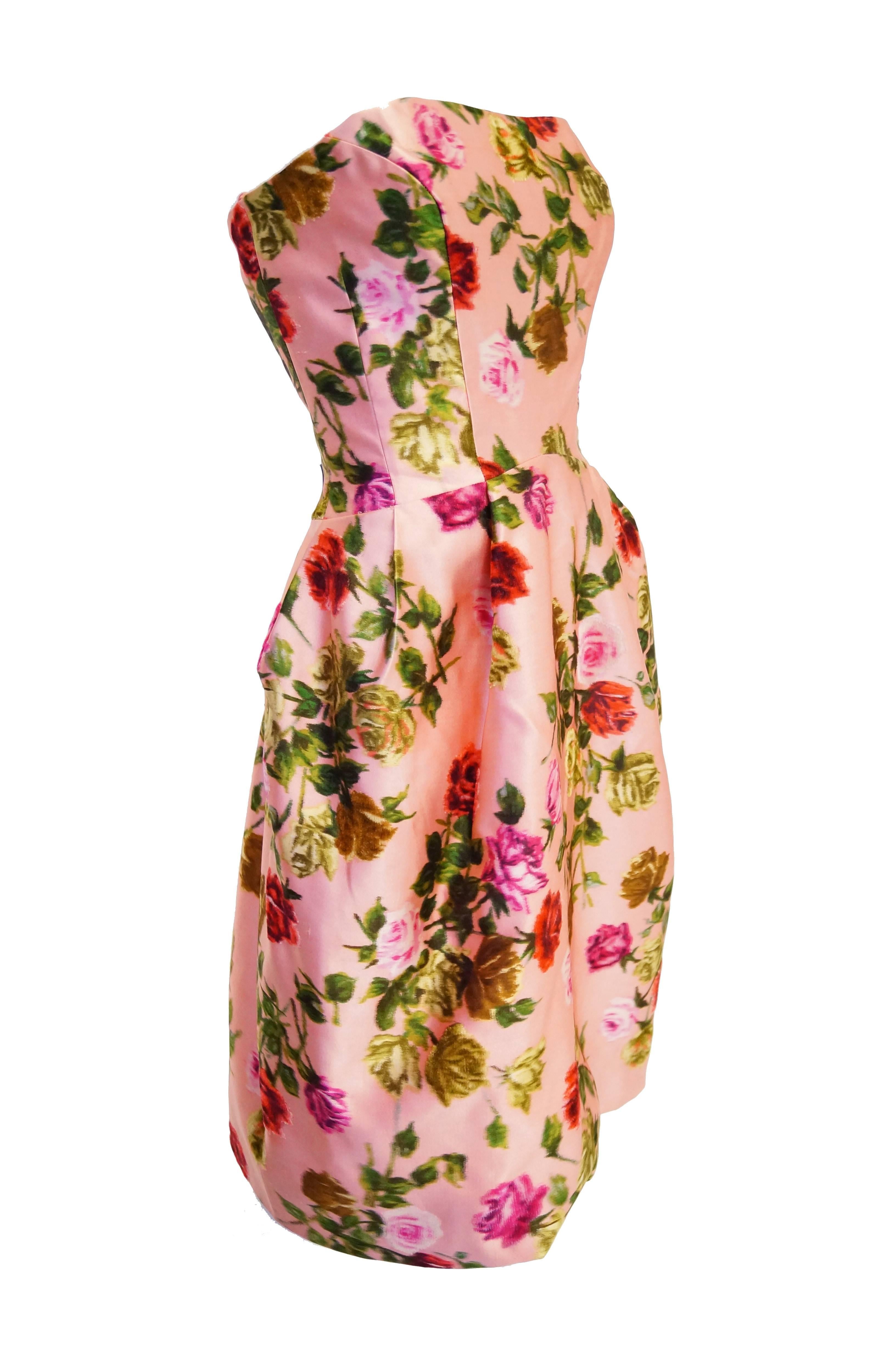 Beige 1950s Strapless Pink Silk Floral Rose Cocktail Dress