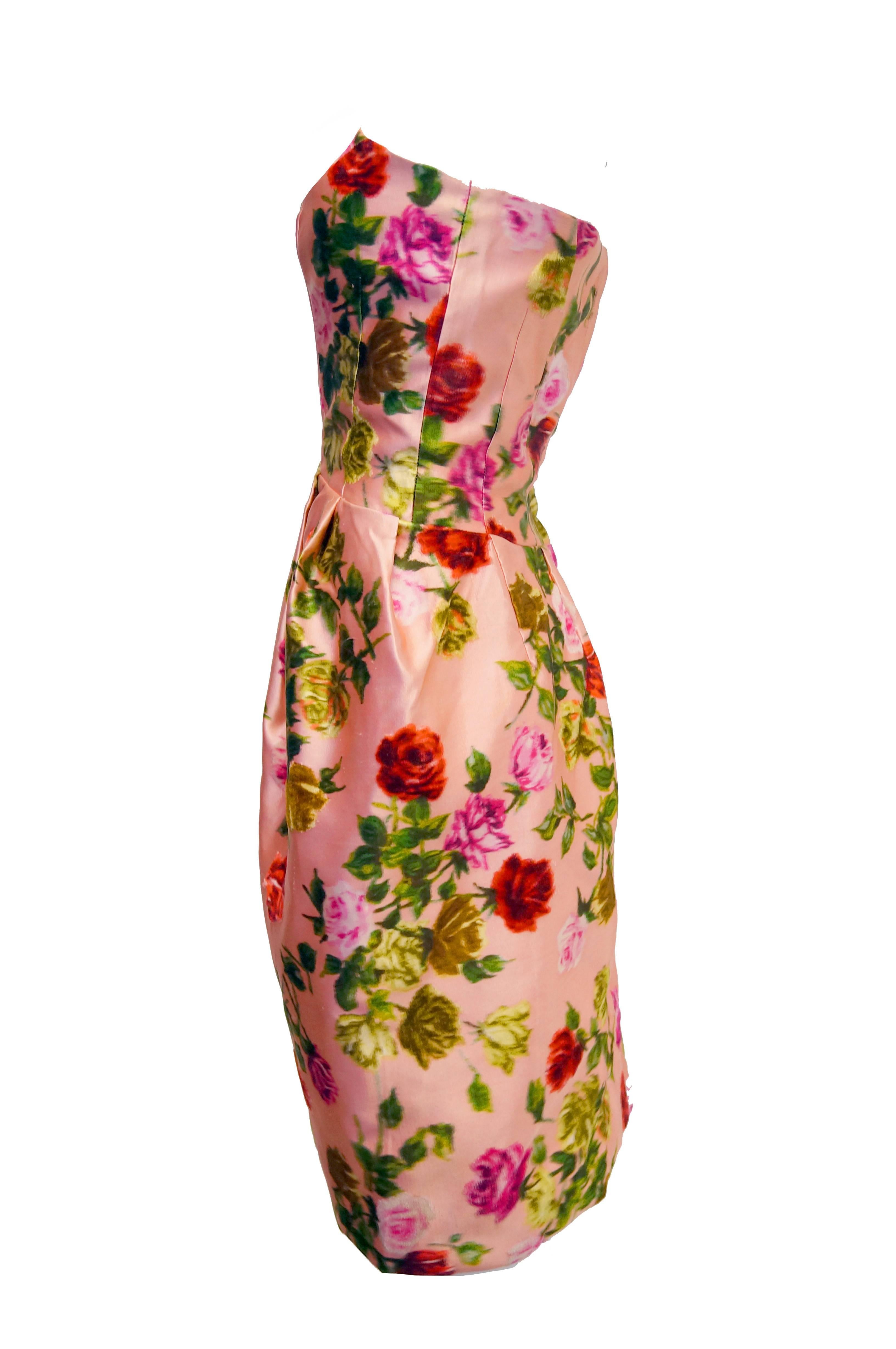 1950s Strapless Pink Silk Floral Rose Cocktail Dress 4