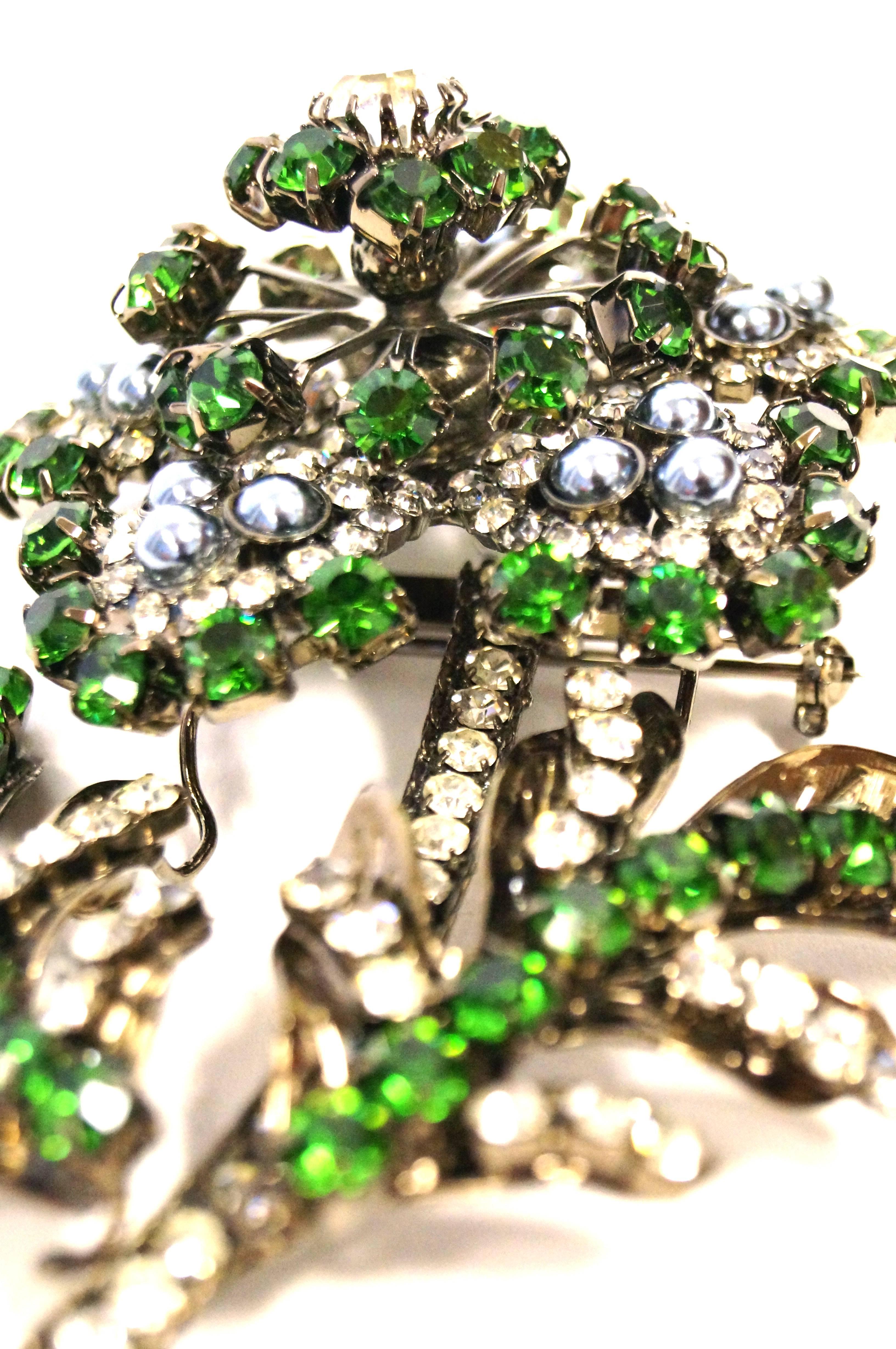 1970s Massive 6” Lawrence Vrba Green Rhinestone Flower Brooch  In Excellent Condition In Houston, TX