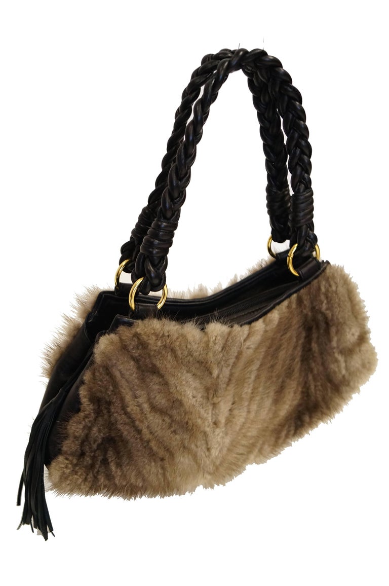 Vintage Paolo Masi Taupe Italian Leather and Fur Trim Handbag at